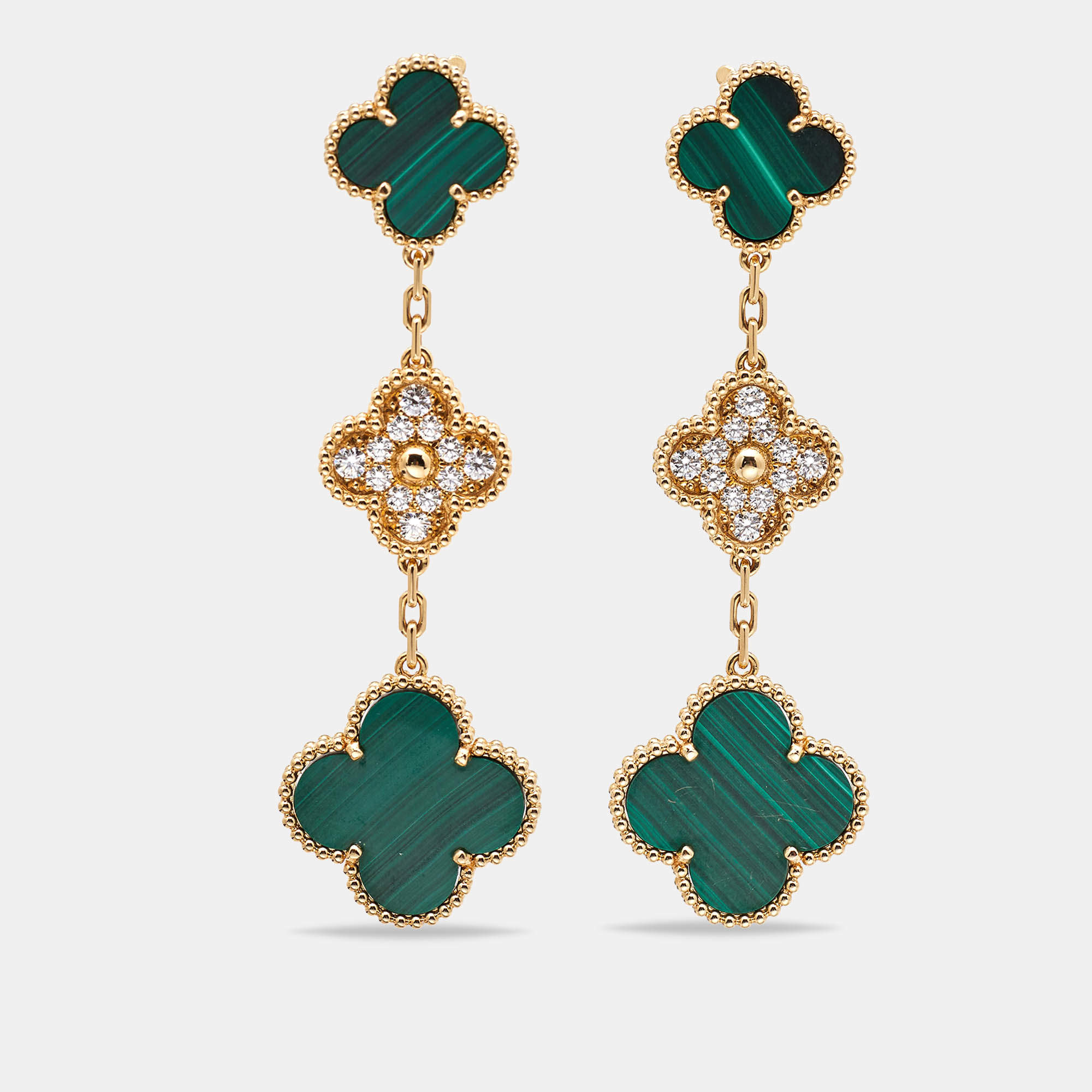 Pre Owned Van Cleef & Arpels Magic Alhambra Malachite Diamond 18k Yellow Gold Earrings