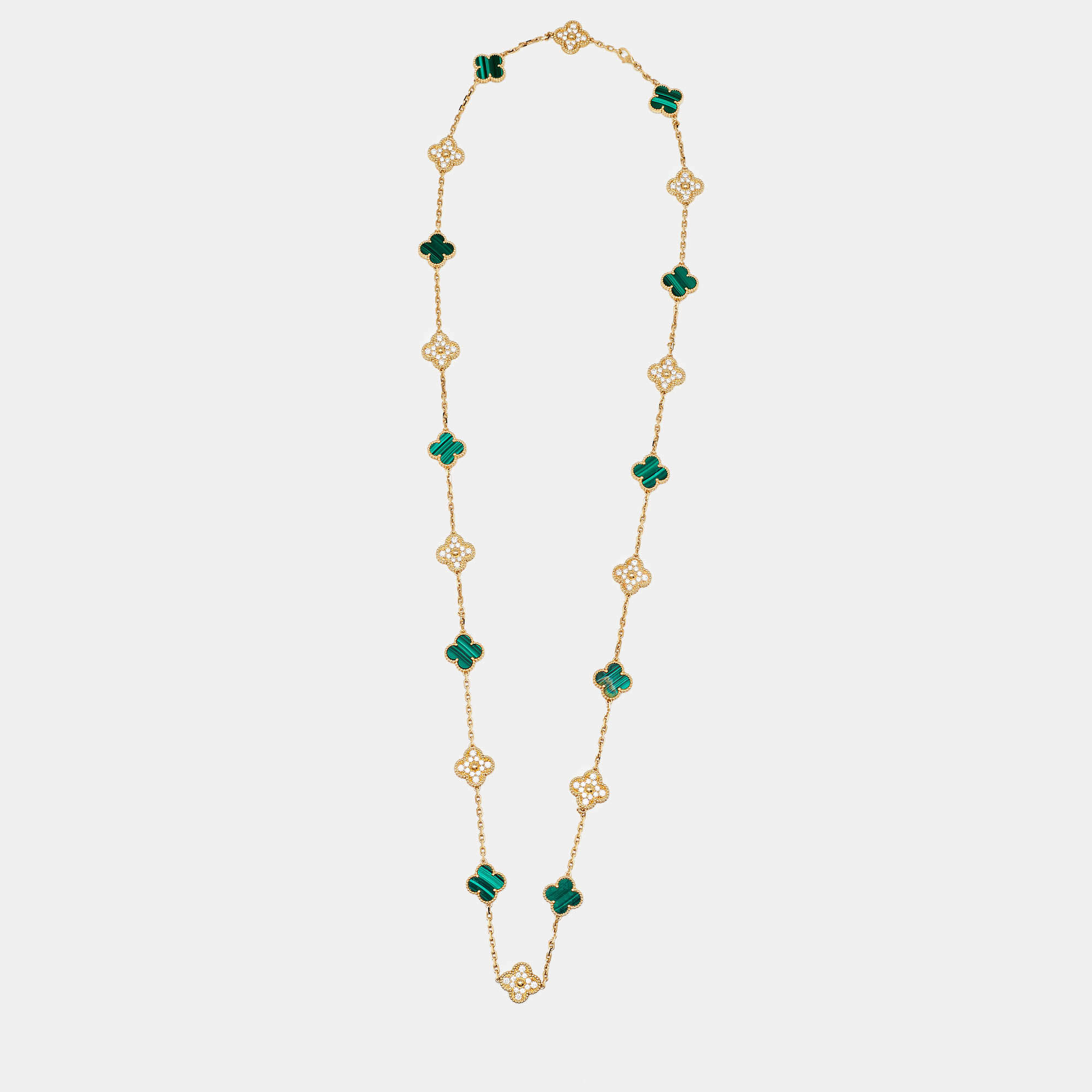 Pre Owned Van Cleef & Arpels Vintage Alhambra 20 Motif Malachite Diamonds 18K Yellow Gold Station Necklace