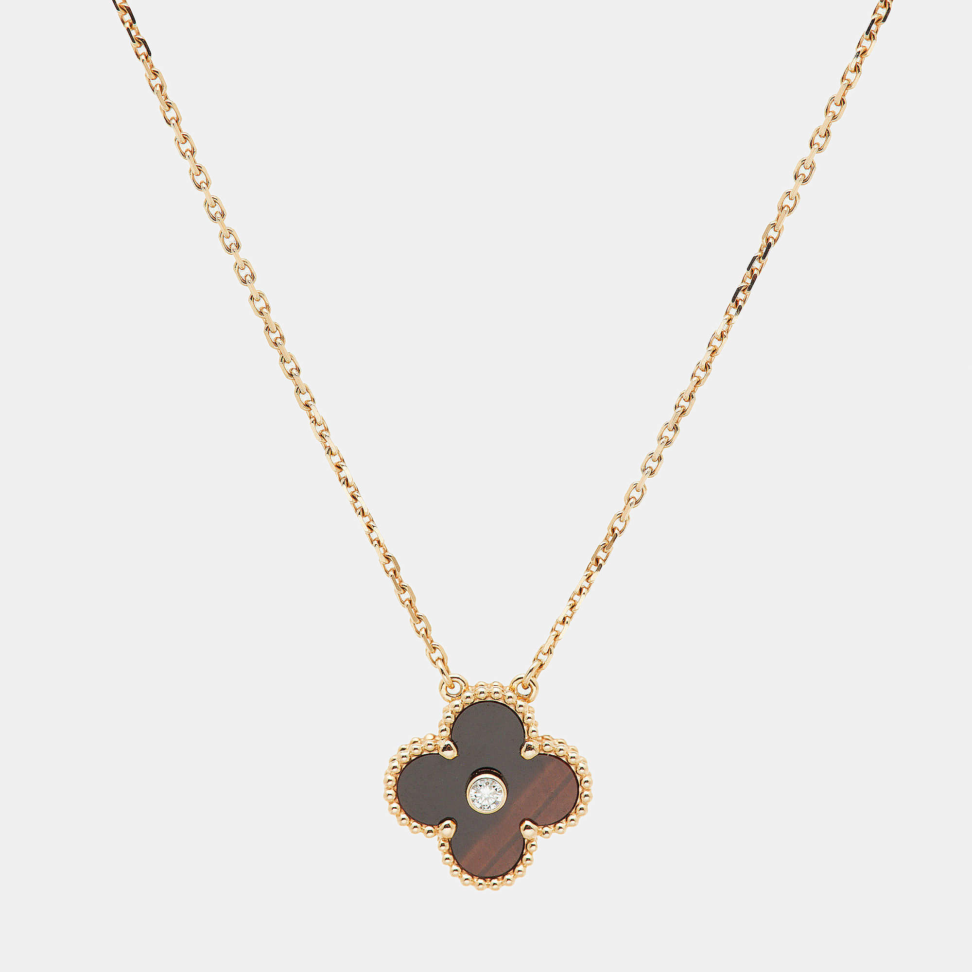 Van Cleef & Arpels Vintage Alhambra Limited Edition 2017 Bulls Eye Brown Stone and Diamond 18K Rose Gold Holiday Pendant Necklace