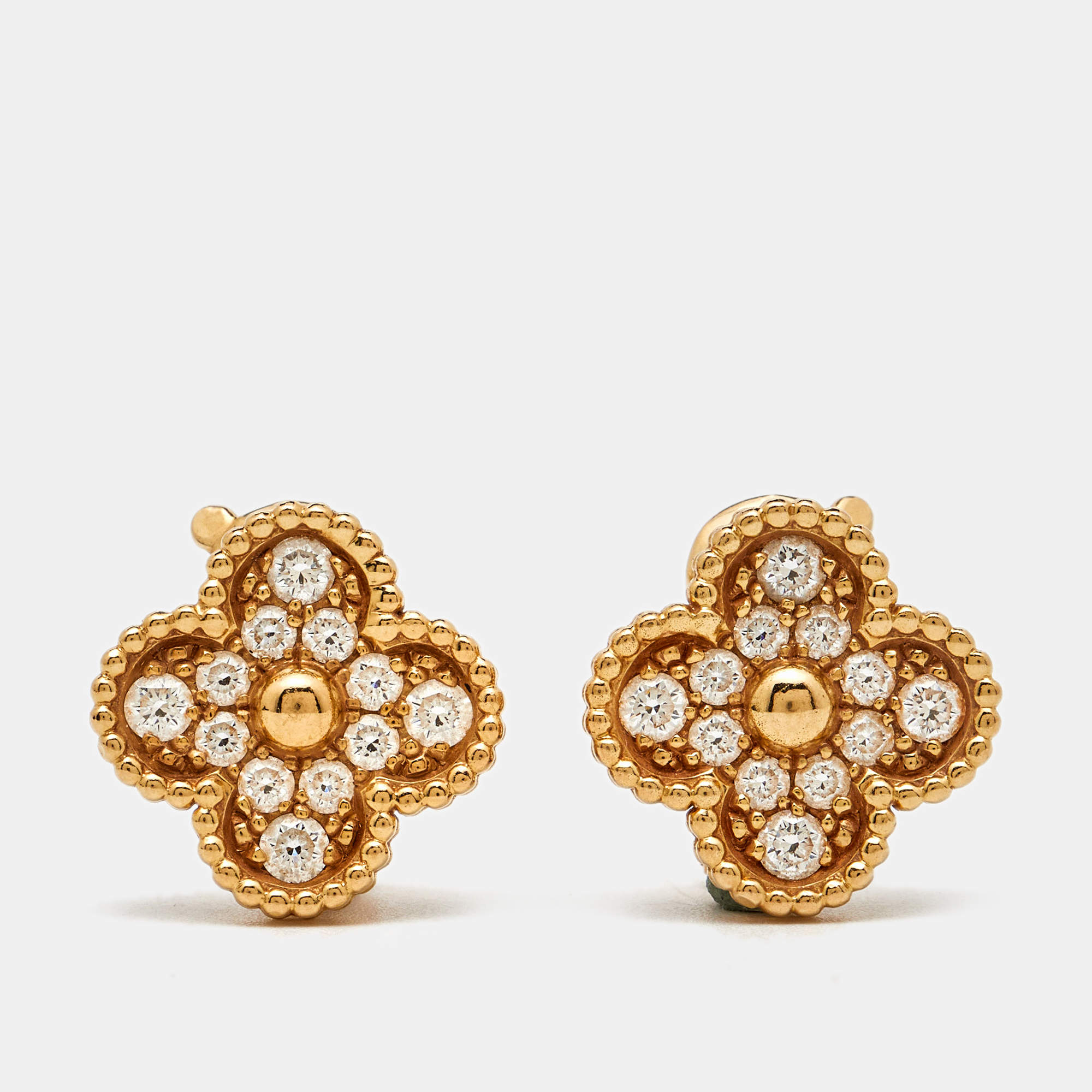 Pre Owned Van Cleef & Arpels Vintage Alhambra Diamonds 18k Yellow Gold Earrings