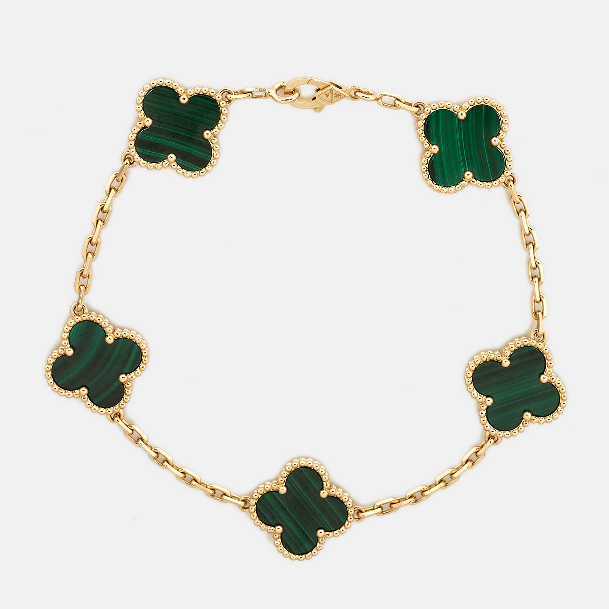 Pre Owned Van Cleef & Arpels Vintage Alhambra Malachite 18k Yellow Gold 5 Motif Station Bracelet