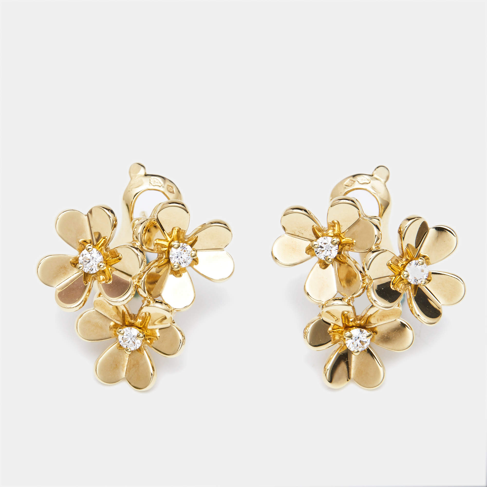 Pre Owned Van Cleef & Arpels Frivole 3 Flowers Diamond 18k Yellow Gold Mini Model Earrings