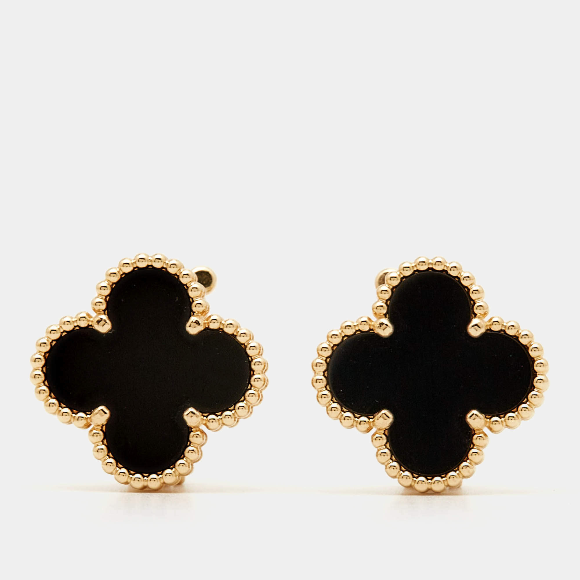 Pre Owned Van Cleef & Arpels Vintage Alhambra Onyx 18k Yellow Gold Earrings