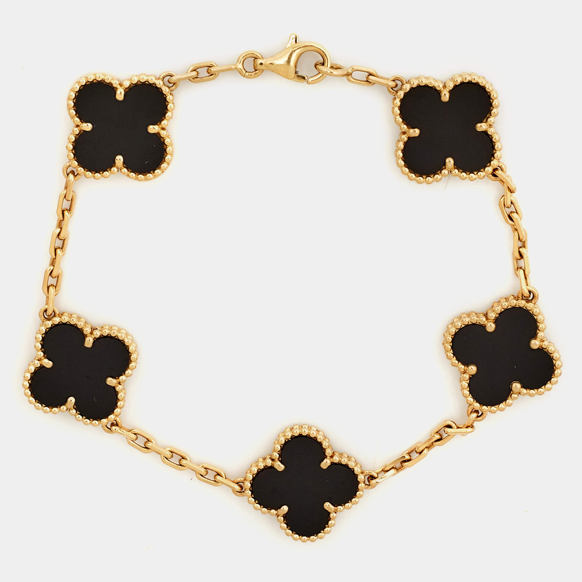 Pre Owned Van Cleef & Arpels Vintage Alhambra Onyx 18k Yellow Gold 5 Motif Station Bracelet