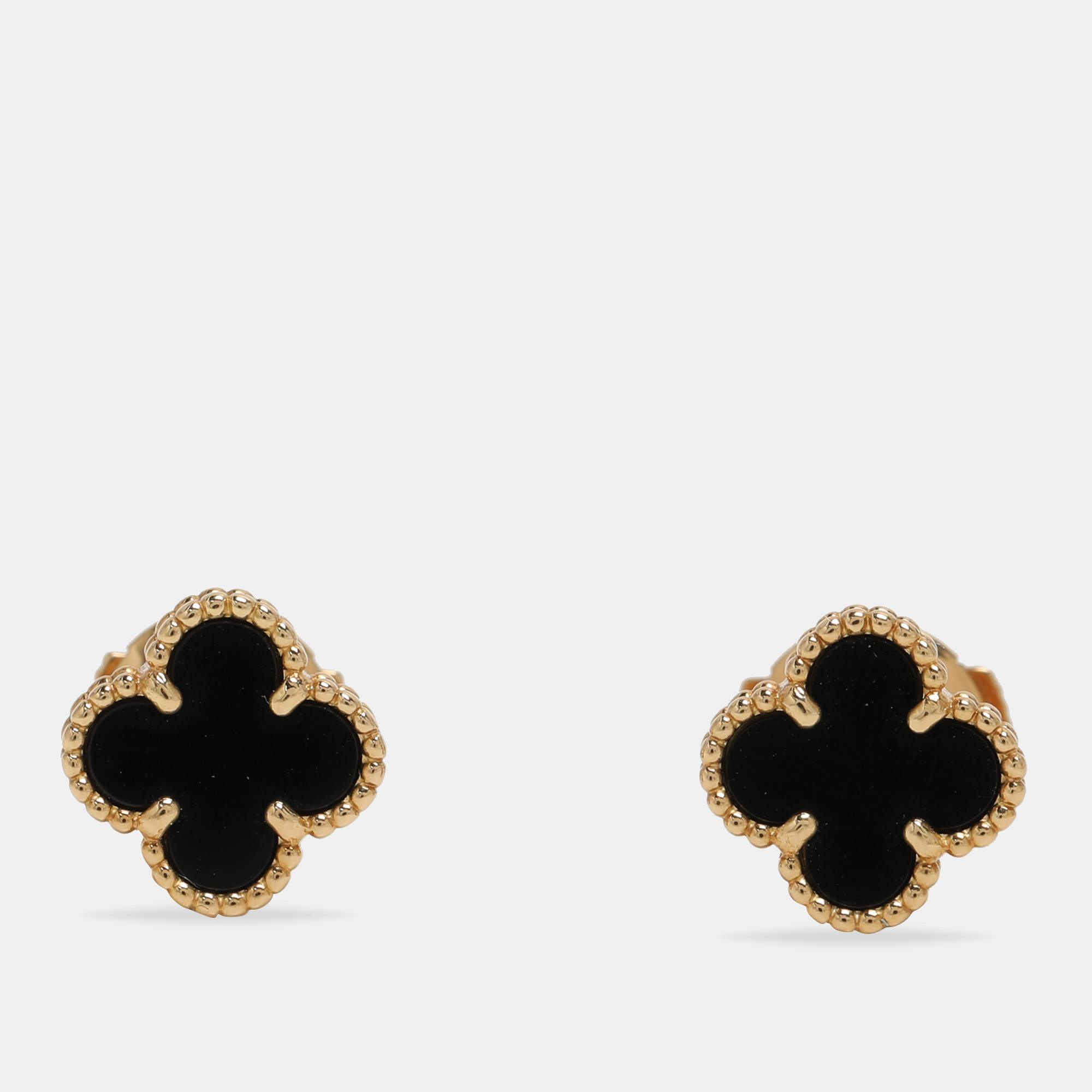 Pre Owned Van Cleef & Arpels Sweet Alhambra Onyx 18k Yellow Gold Earrings