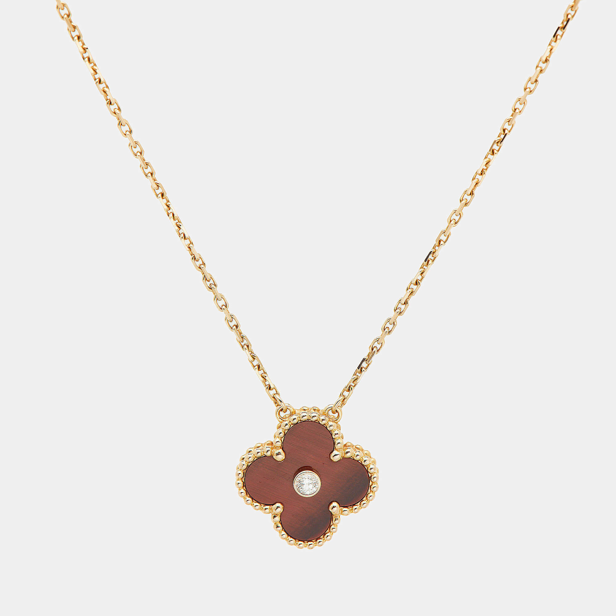 Van Cleef & Arpels Vintage Alhambra Limited Edition 2017 Bulls Eye Brown Stone and Diamond 18K Rose Gold Holiday Pendant Necklace
