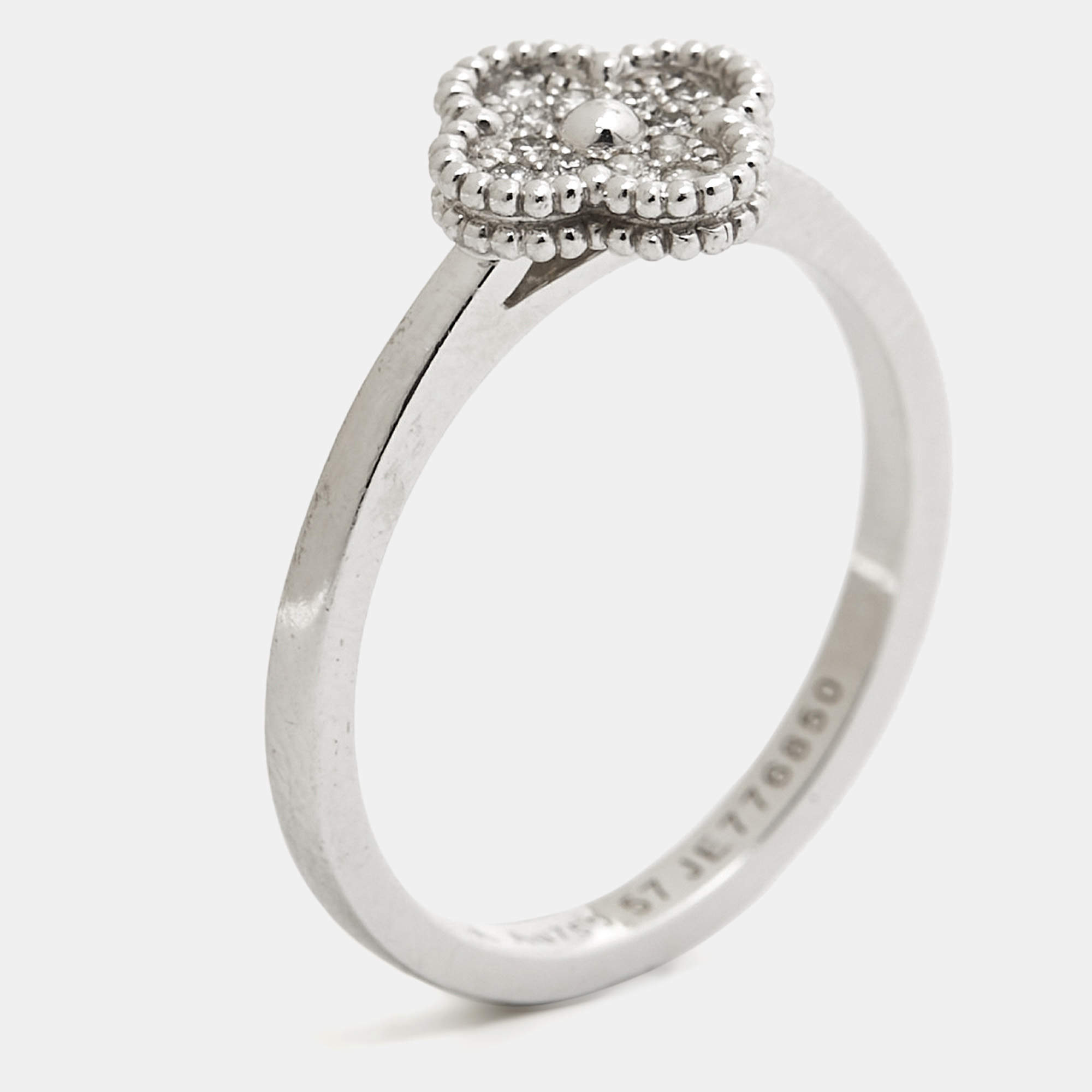Van Cleef & Arpels Sweet Alhambra Diamond 18k White Gold Ring Size 57