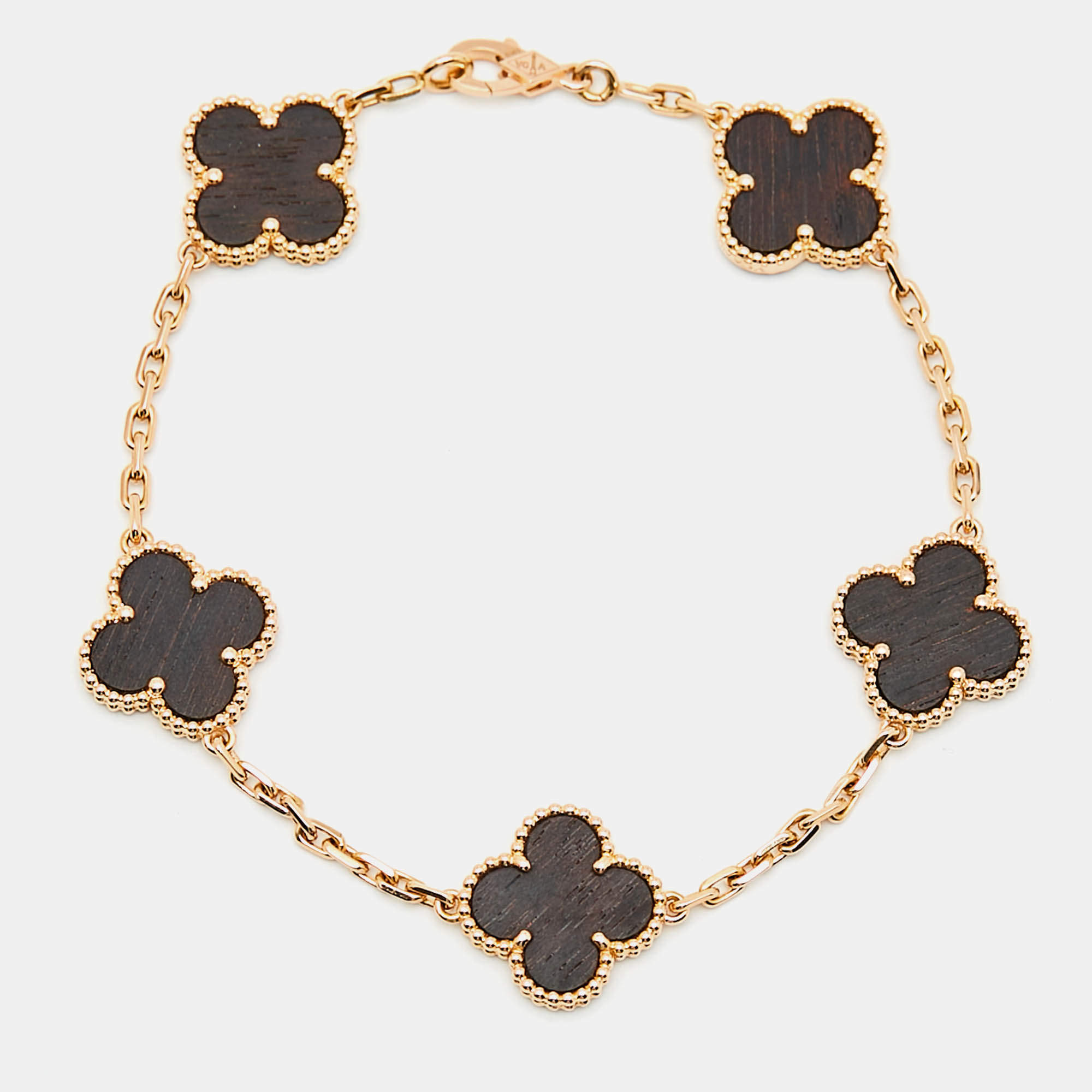 Van Cleef & Arpels Vintage Alhambra Limited Edition LetterWood 18k Rose Gold 5 Motif Station Bracelet