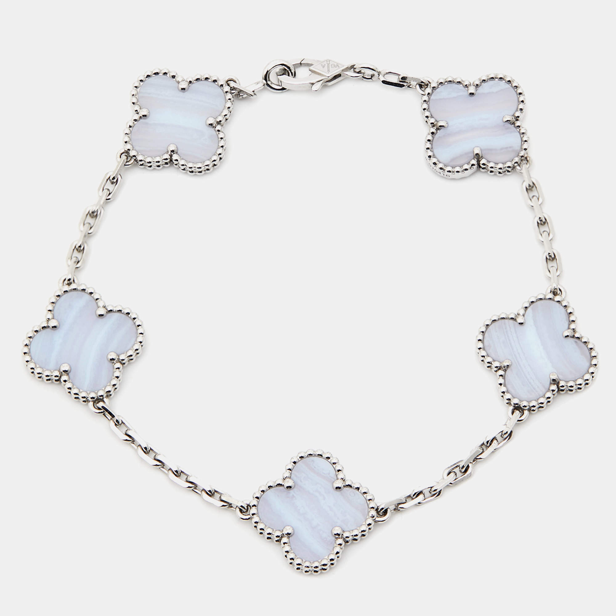 Van Cleef & Arpels Vintage Alhambra Chalcedony 18K White Gold 5 Motif Station Bracelet