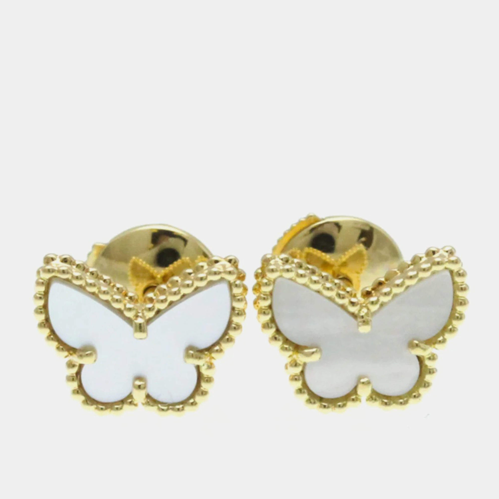 Van Cleef & Arpels 18K Yellow Gold, Mother of Pearl Butterfly Sweet Alhambra Studs Earrings
