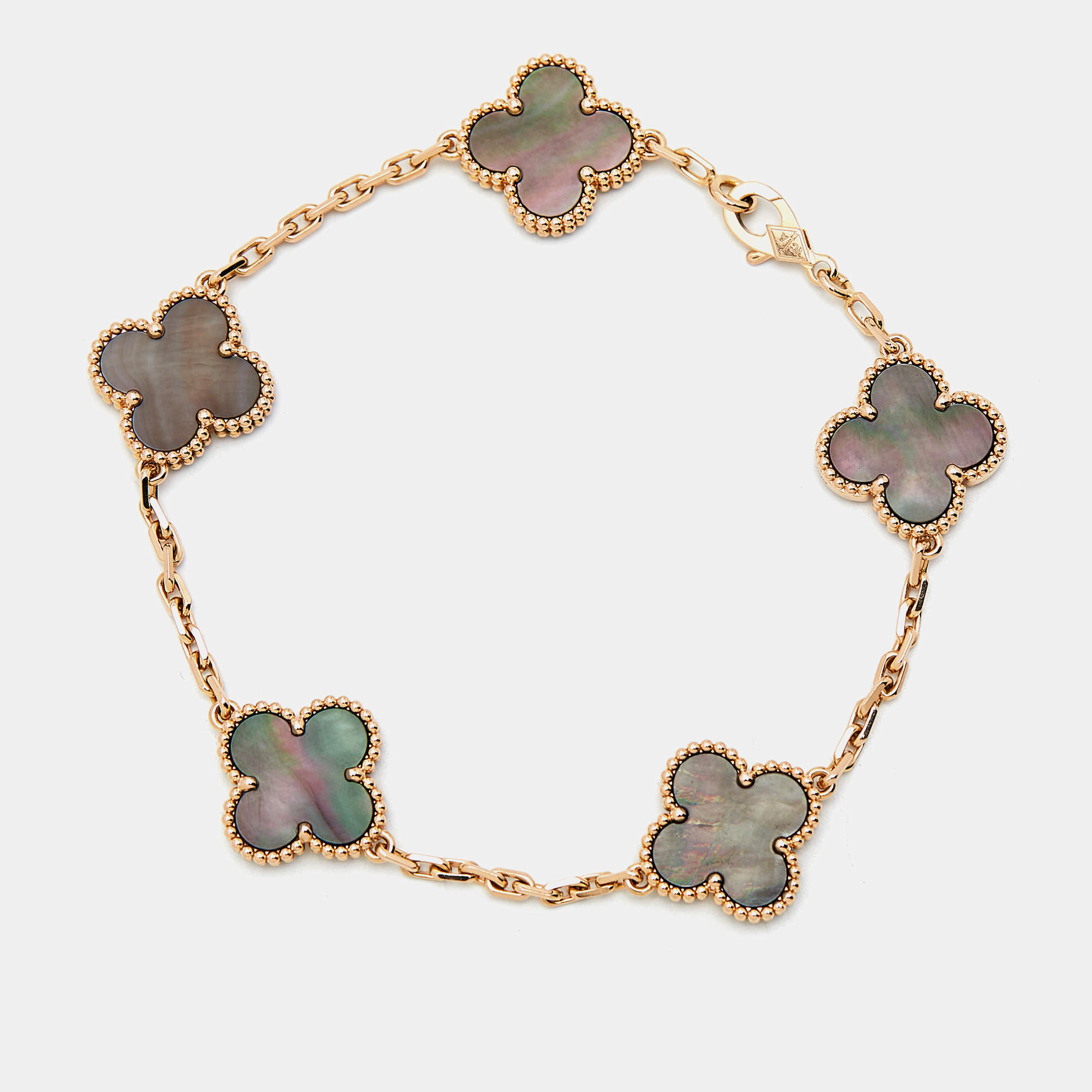 Pre Owned Van Cleef & Arpels Vintage Alhambra Grey Mother of Pearl 18K Rose Gold 5 Motif Station Bracelet