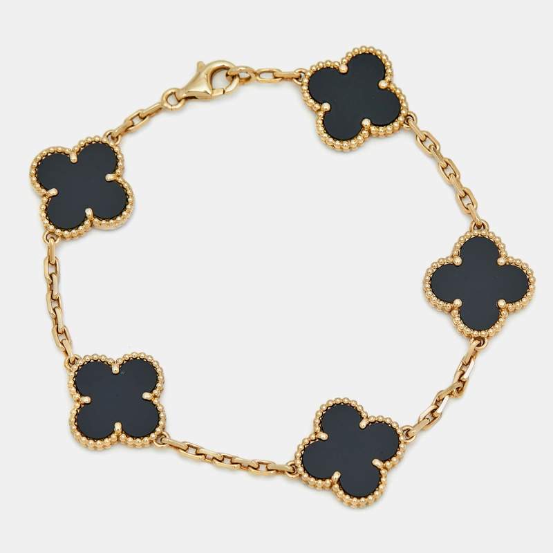 Pre Owned Van Cleef & Arpels Vintage Alhambra Onyx 18k Yellow Gold 5 Motif Station Bracelet