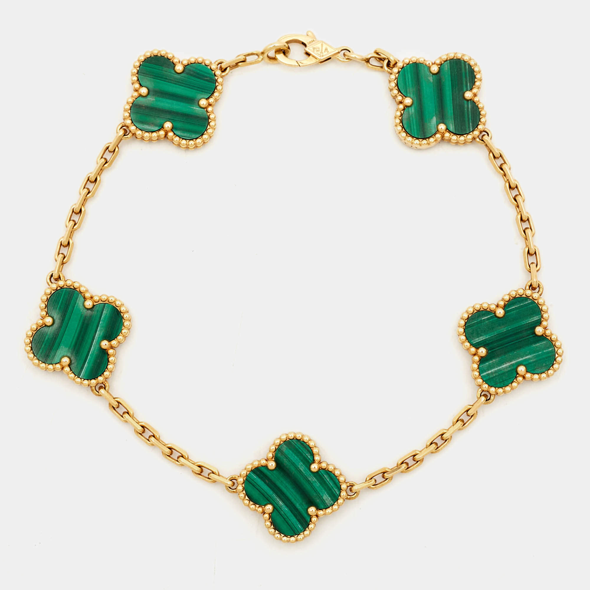 مملوكة مسبقًا Van Cleef & Arpels Vintage Alhambra Malachite 5 Motif 18k Yellow Gold Bracelet