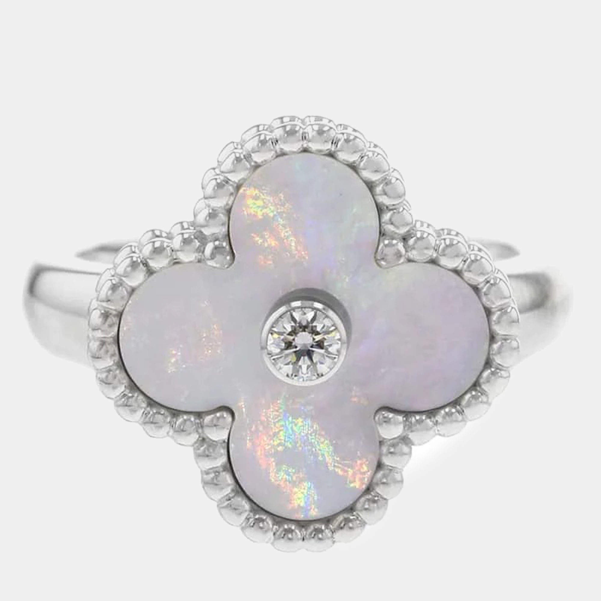 Van Cleef & Arpels 18K White Gold Vintage Alhambra Ring EU 49 