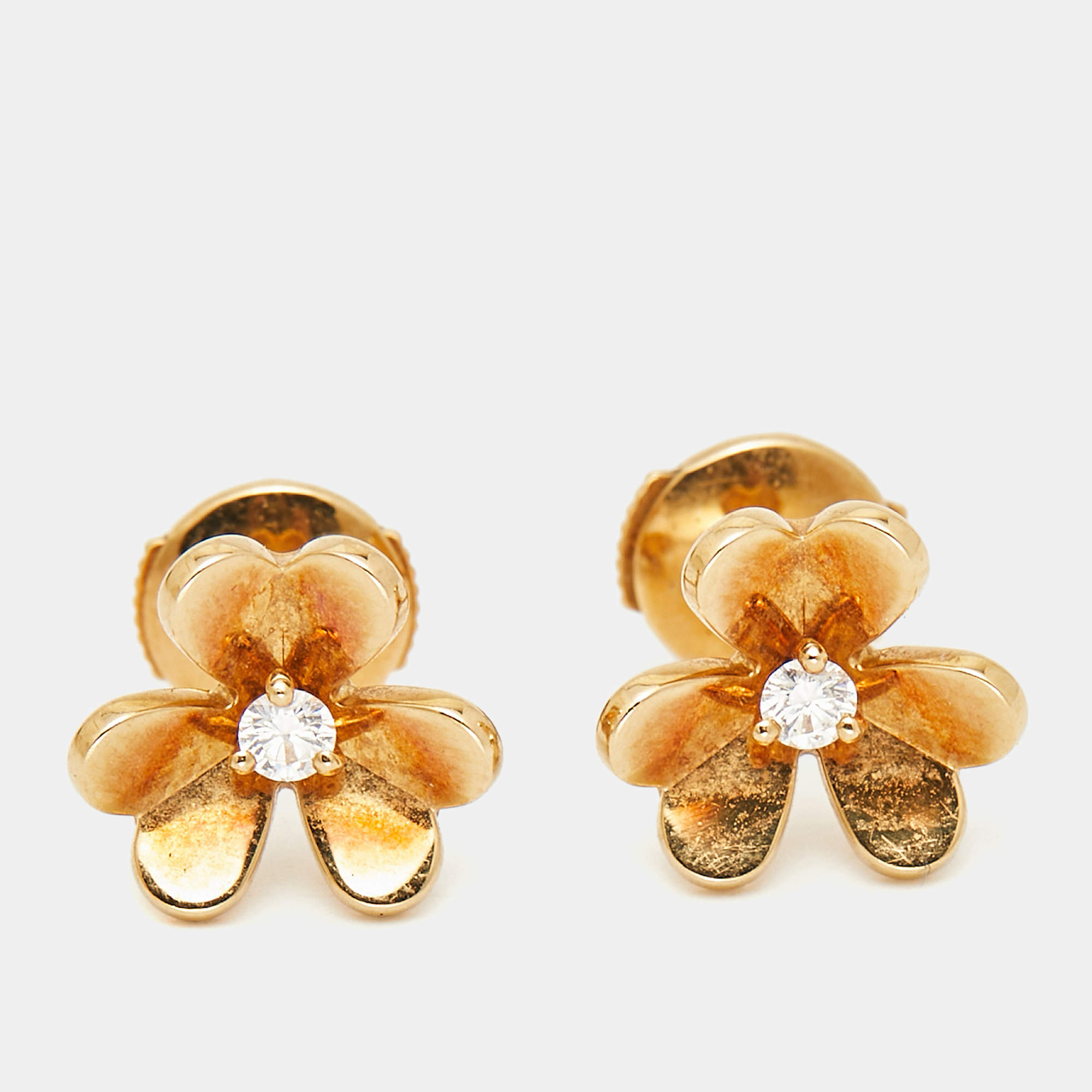 Pre Owned Van Cleef & Arpels Frivole Diamond 18k Yellow Gold Mini Model Earrings