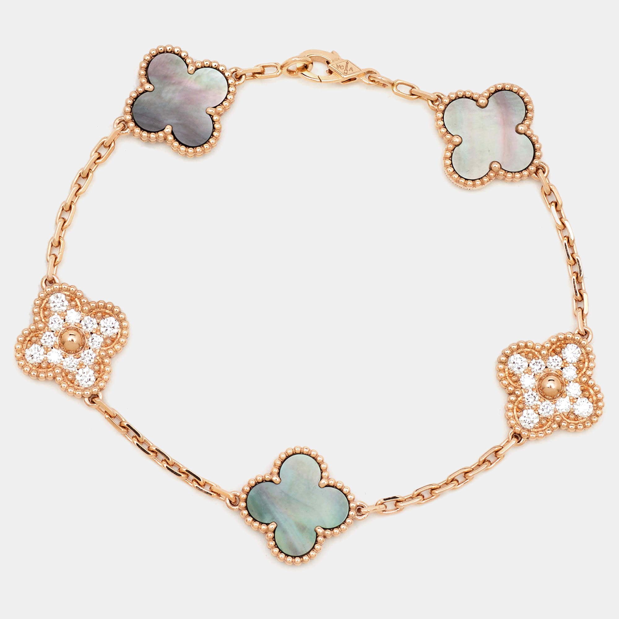 Pre Owned Van Cleef & Arpels Vintage Alhambra Diamond Mother of Pearl 18K Rose Gold Station Bracelet