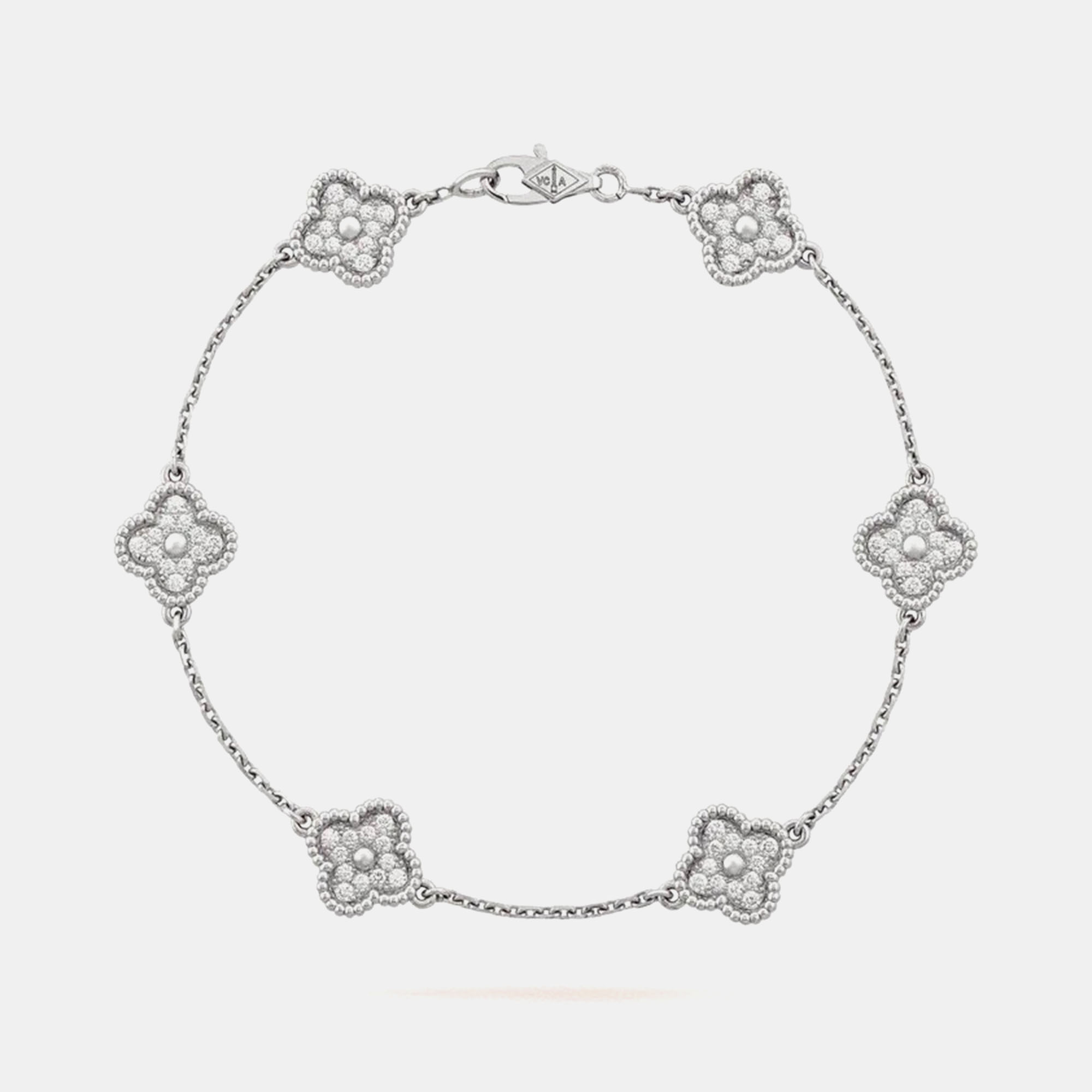 Van Cleef & Arpels 18K White Gold Sweet Alhambra Diamond 6 Motif Station Bracelet