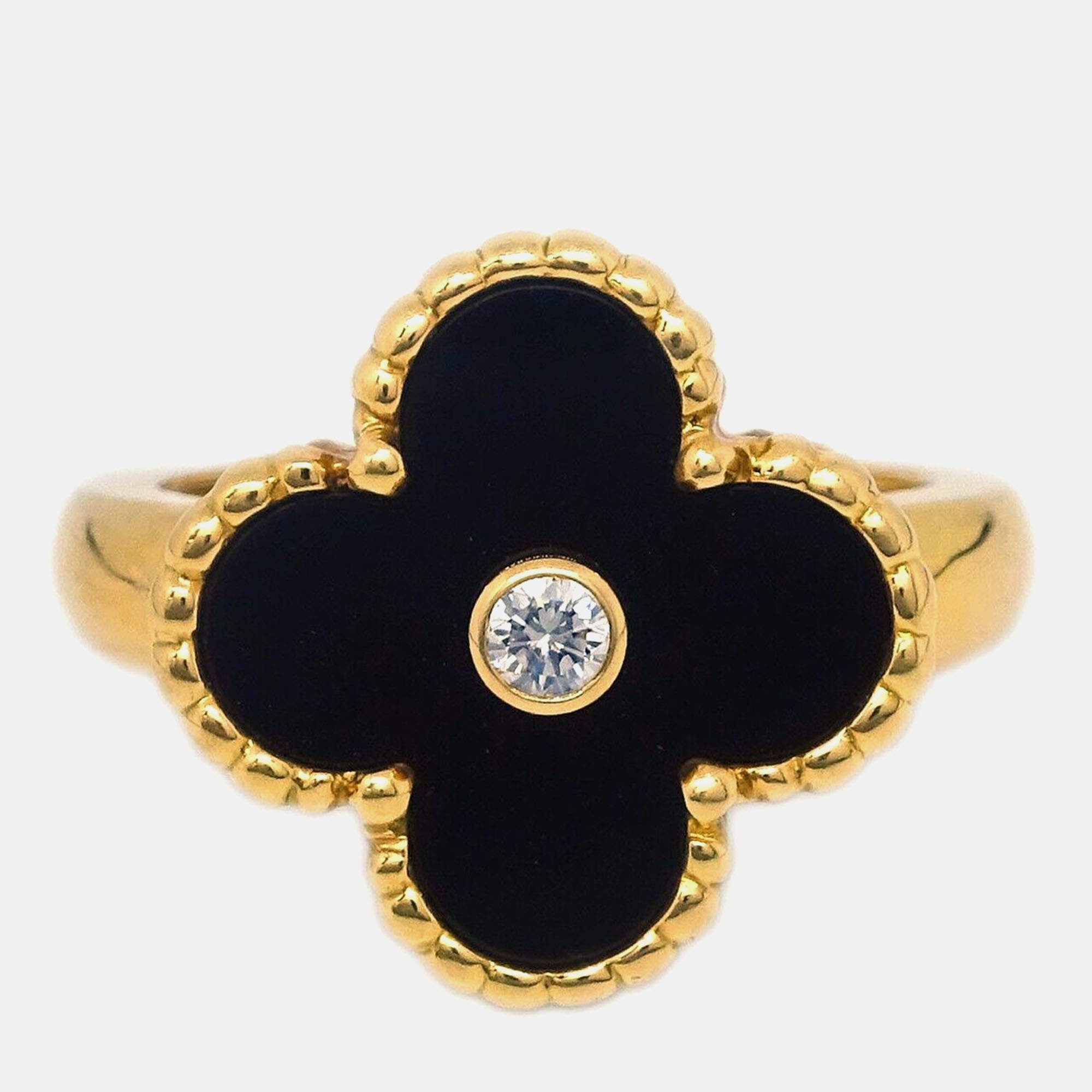 Van Cleef & Arpels Alhambra Diamond Onyx 18K Yellow Gold Ring EU 49