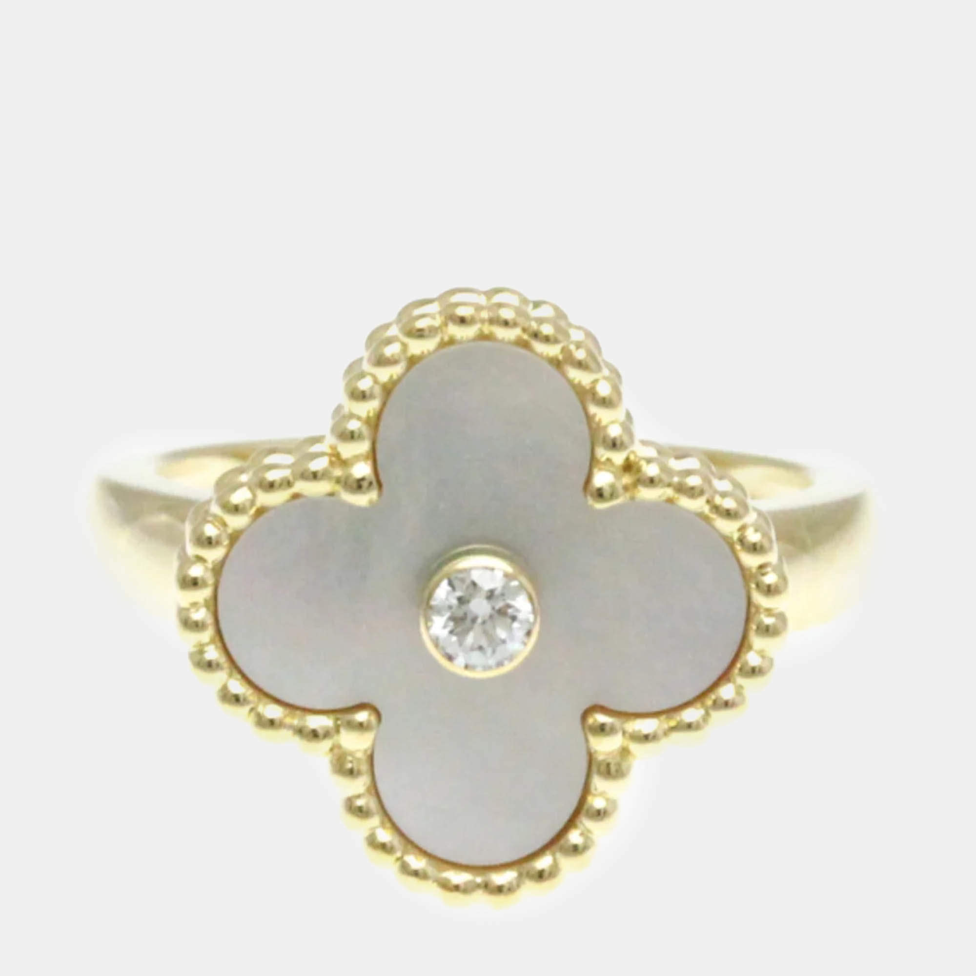 Van Cleef & Arpels  18K Yellow Gold Diamond Mother of Pearl Vintage Alhambra Ring EU 51