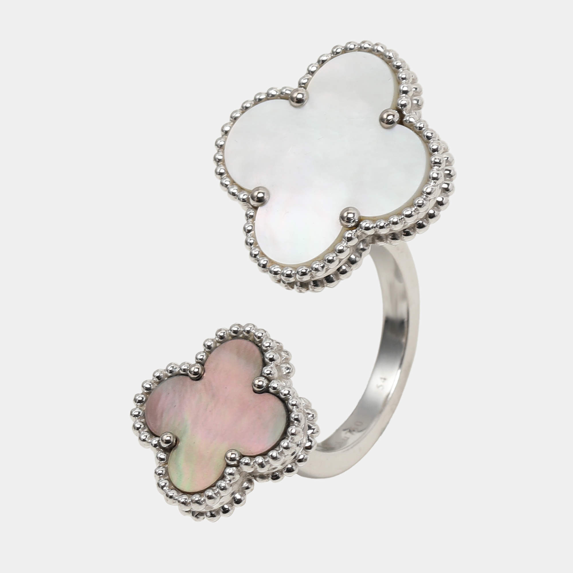 Pre Owned Van Cleef & Arpels Magic Alhambra Between The Finger Mother of Pearl 18k White Gold Ring Size 54