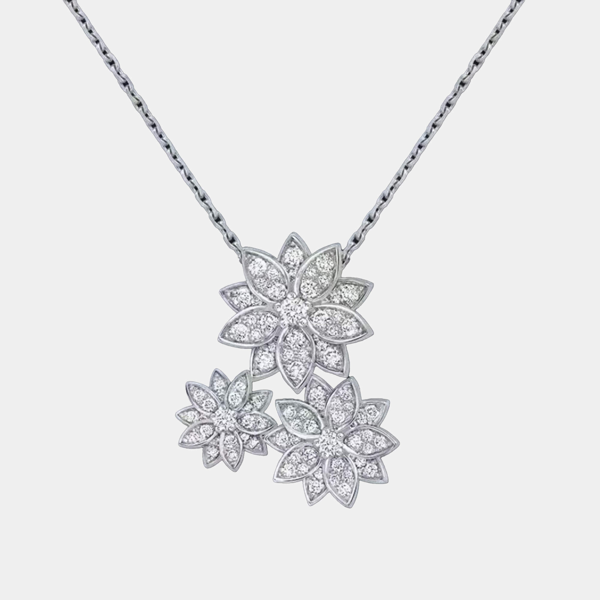 Van Cleef & Arpels 18K White Gold Full Diamond Lotus Pendant Three Flower Necklace