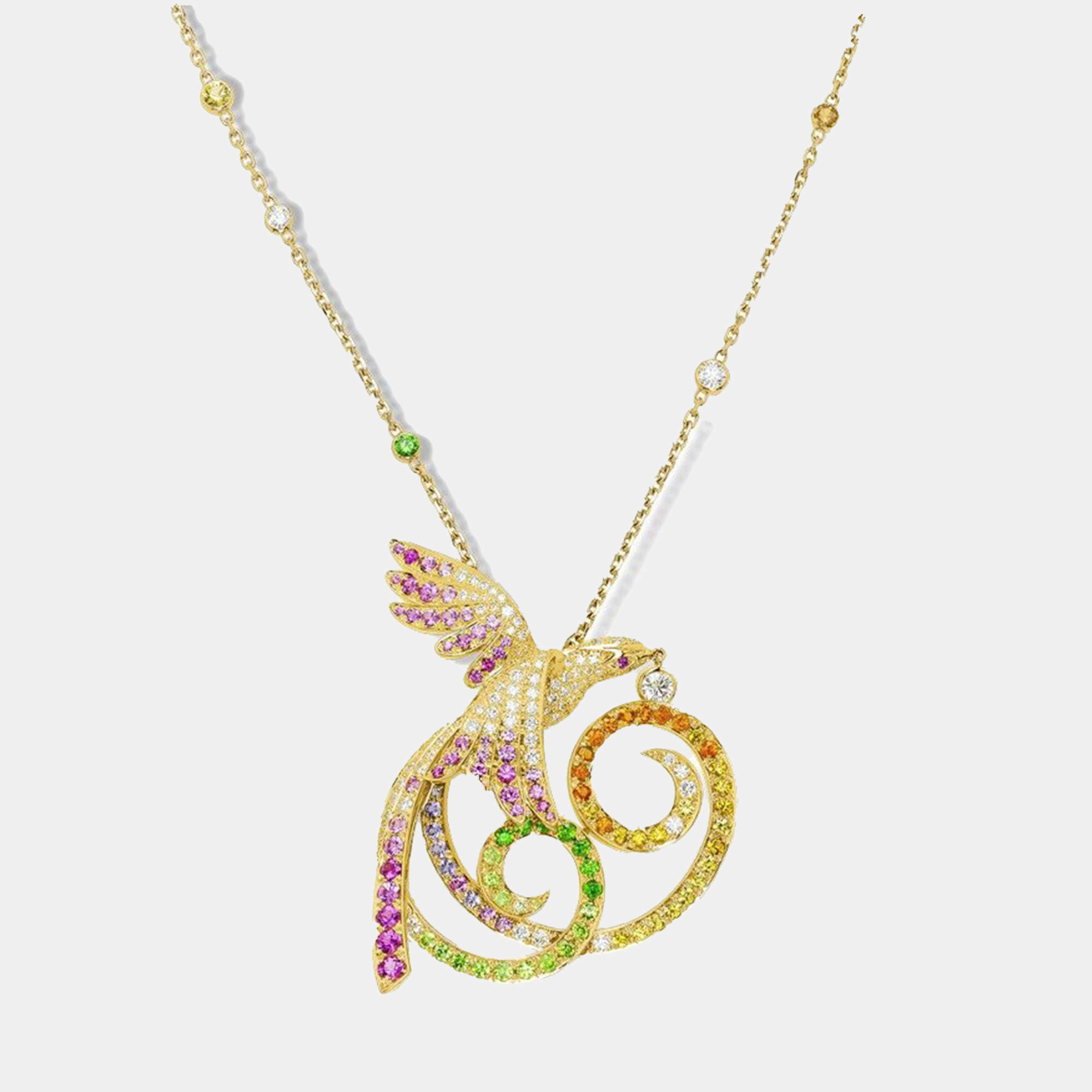 Van Cleef & Arpels 18K Yellow Gold Oiseaux de Paradis  Multicolor Diamond Pendant Necklace