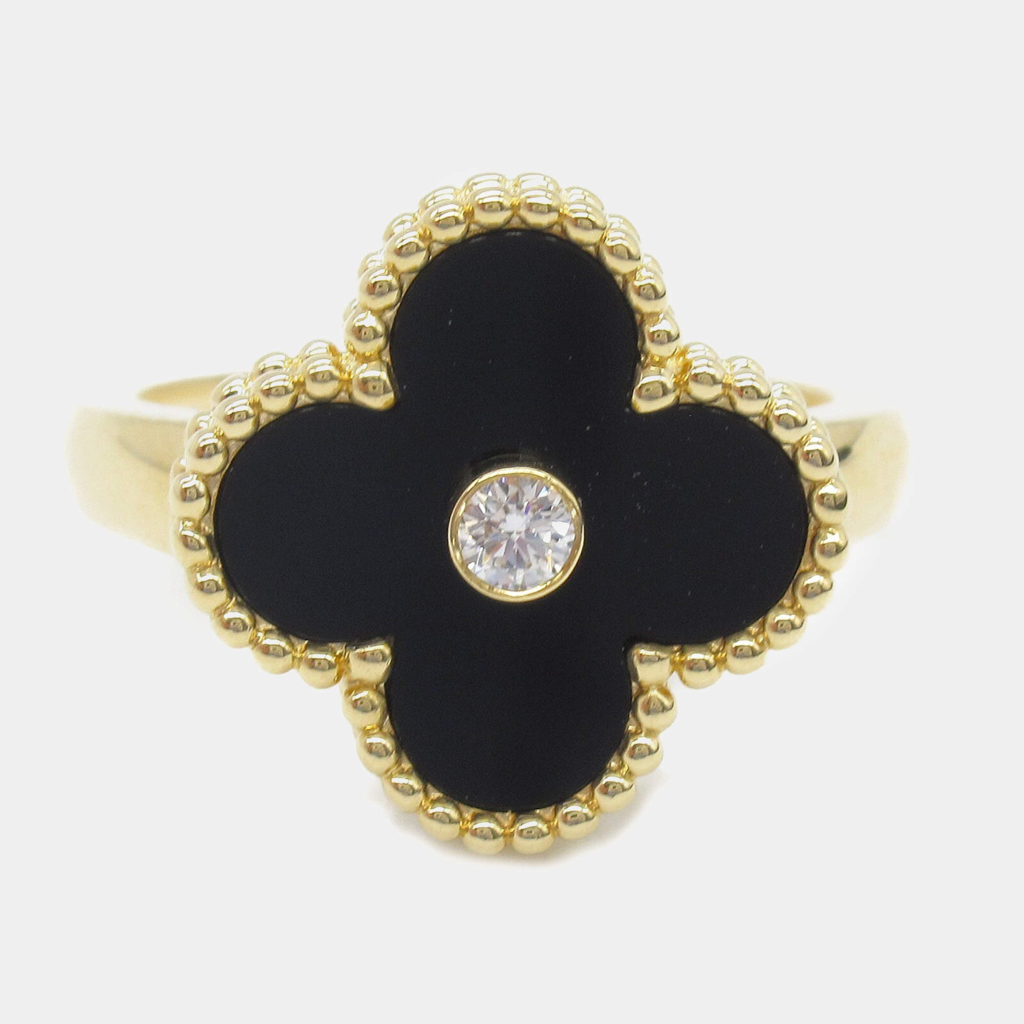 Van Cleef & Arpels Vintage Alhambra 18K Yellow Gold, Diamond, Onyx Ring EU 50.5