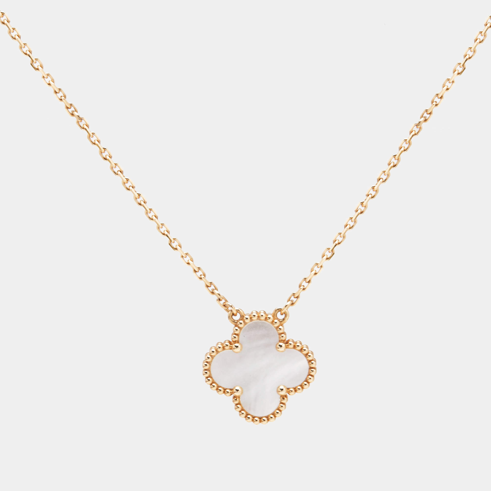 Pre Owned Van Cleef & Arpels Vintage Alhambra Mother of Pearl 18k Yellow Gold Necklace