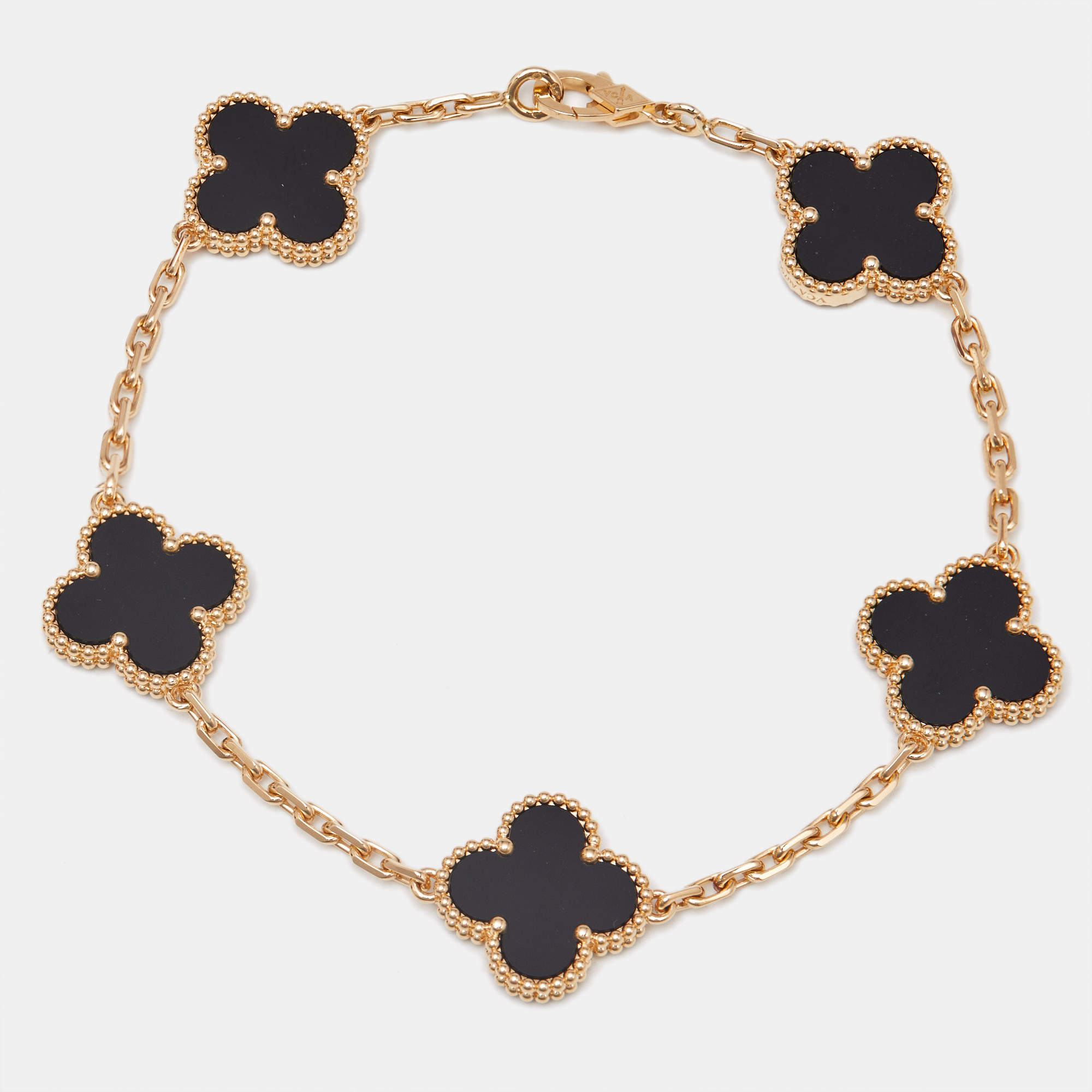 Van Cleef & Arpels Vintage Alhambra Onyx 18k Yellow Gold 5 Motif Station Bracelet