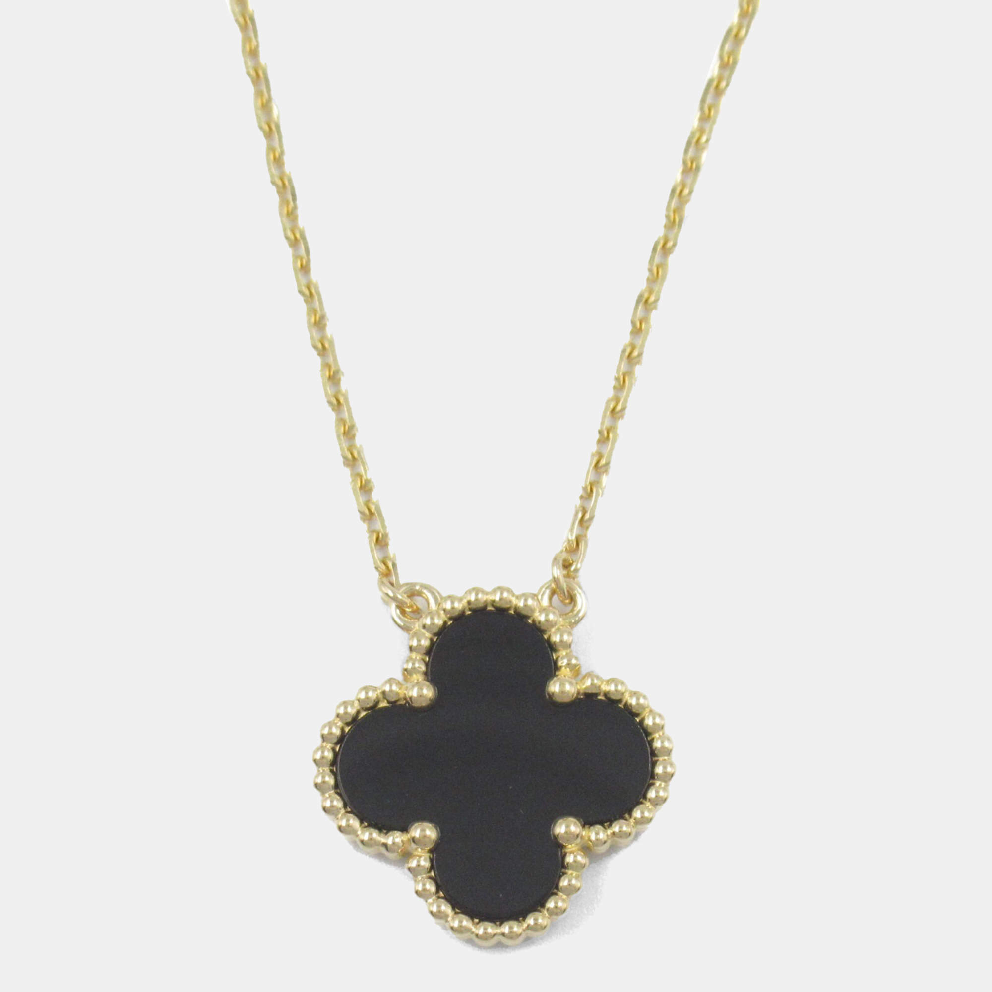 Van Cleef & Arpels 18K Yellow Gold Black Onyx Single Motif Vintage Alhambra Necklace