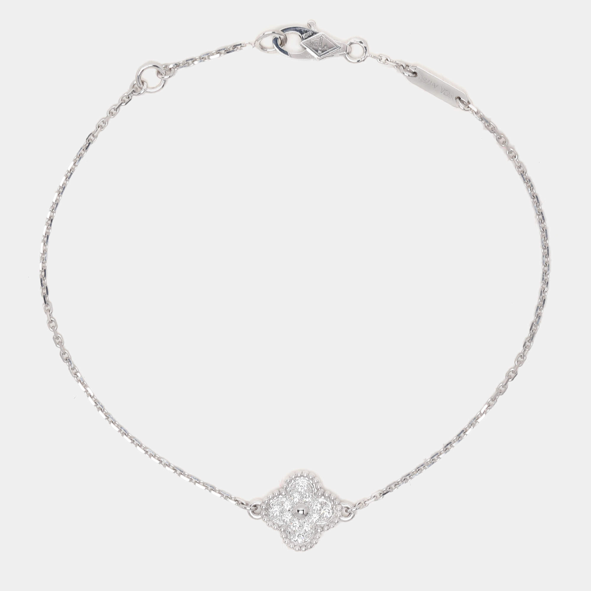 Van Cleef & Arpels 18K White Gold Sweet Alhambra Diamond Single Motif Station Bracelet