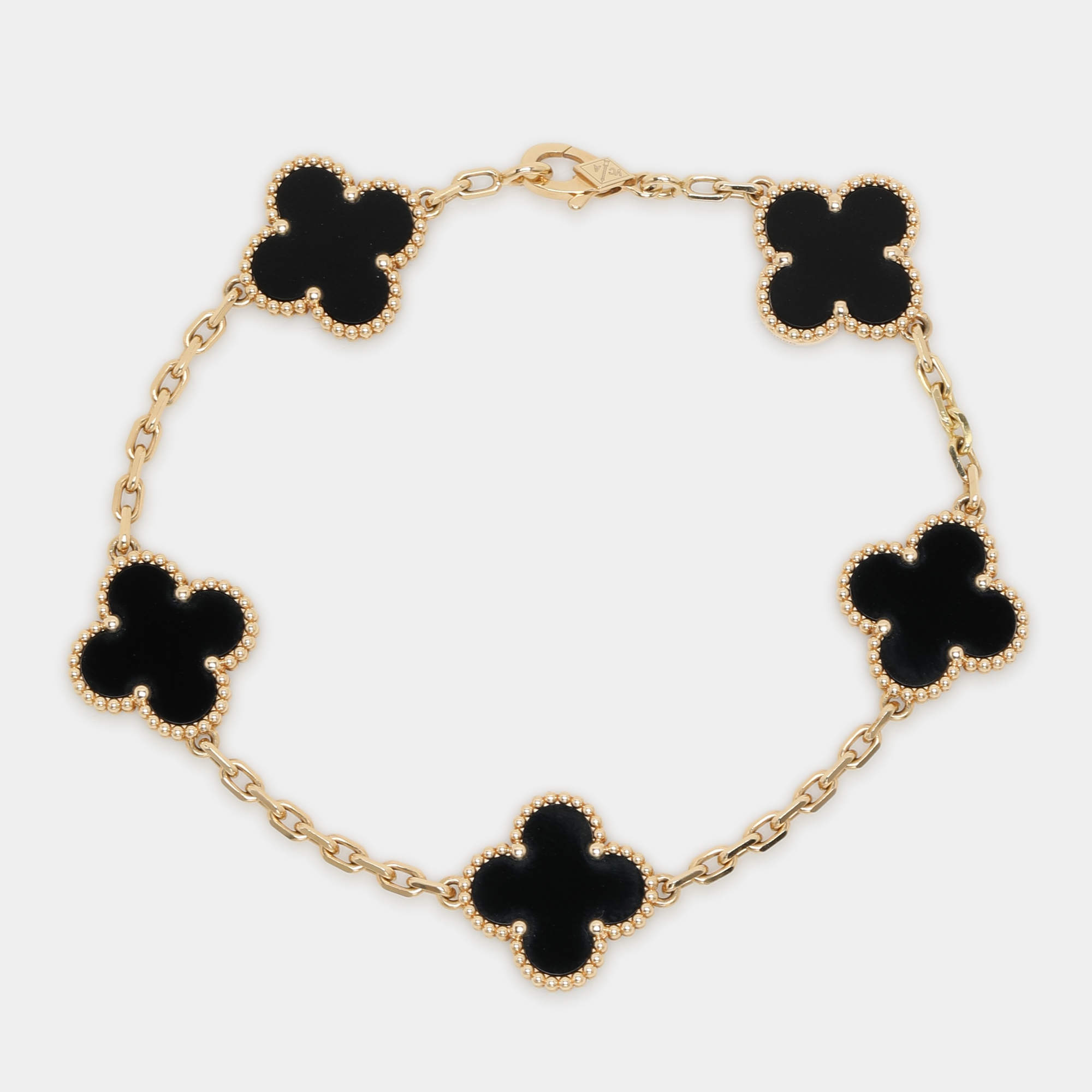 Van Cleef & Arpels Vintage Alhambra Onyx 5 Motif 18K Yellow Gold Bracelet
