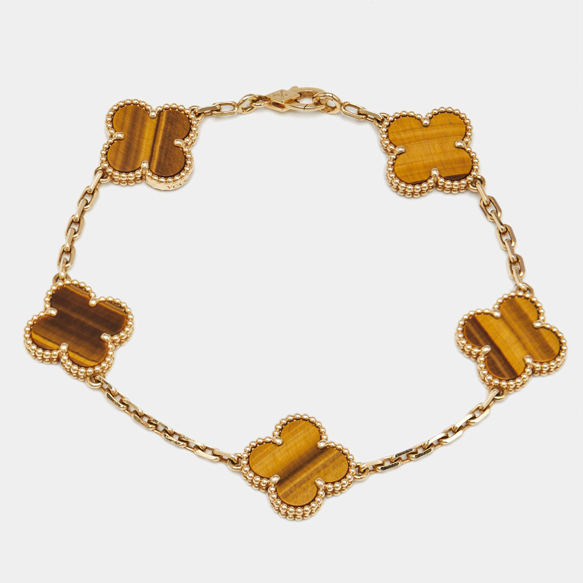 Van Cleef & Arpels Vintage Alhambra Tiger's Eye 18k Yellow Gold 5 Motif Station Bracelet