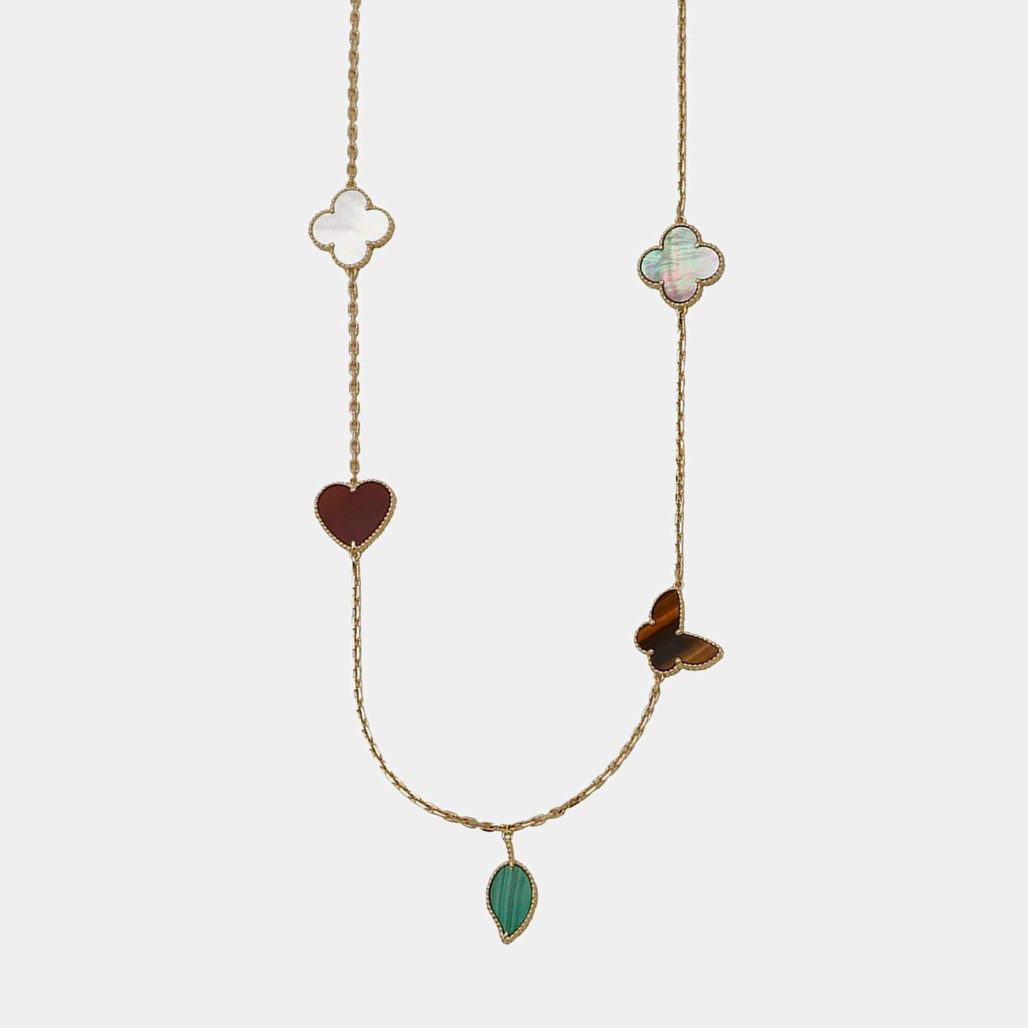 Pre Owned Van Cleef & Arpels Lucky Alhambra 18K Yellow Gold Mother of Pearl Malachite Carnelian Tiger Eye 12 Motif Bracelet
