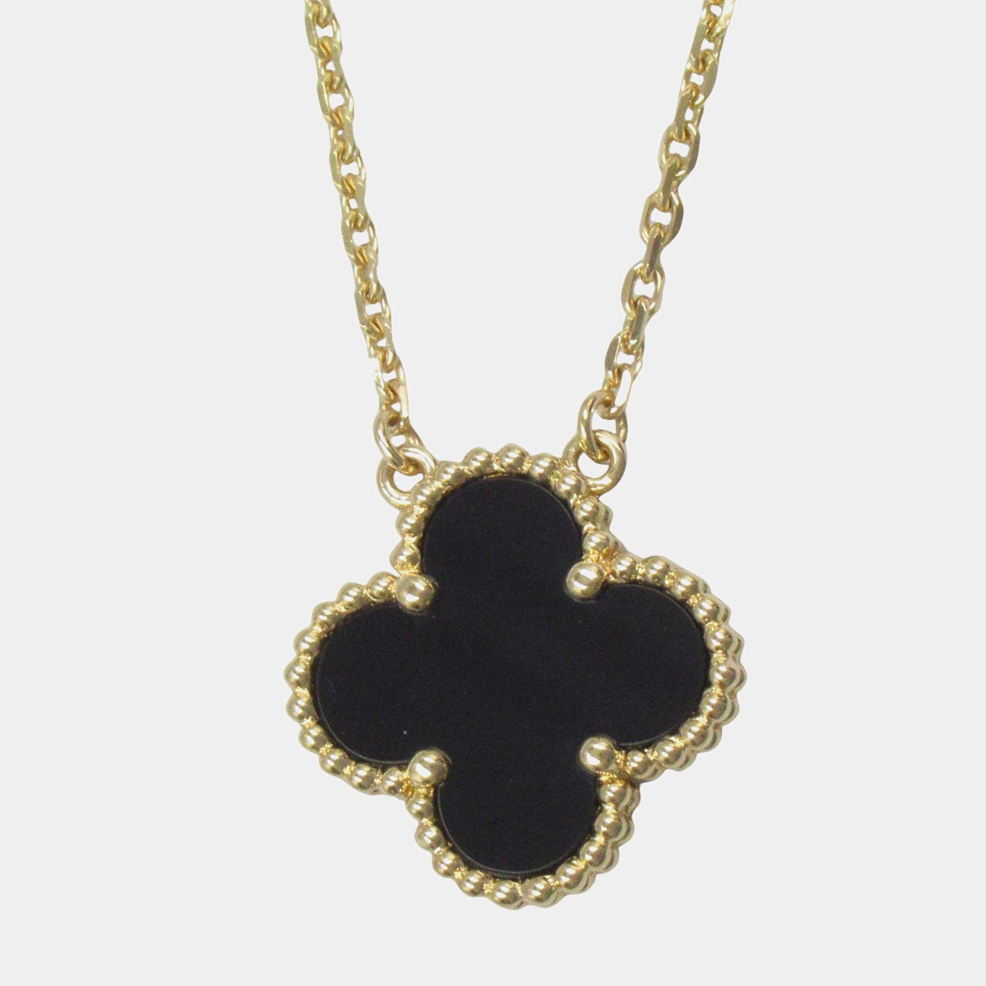 Pre Owned Van Cleef & Arpels Vintage Alhambra 18K Yellow Gold Onyx Necklace