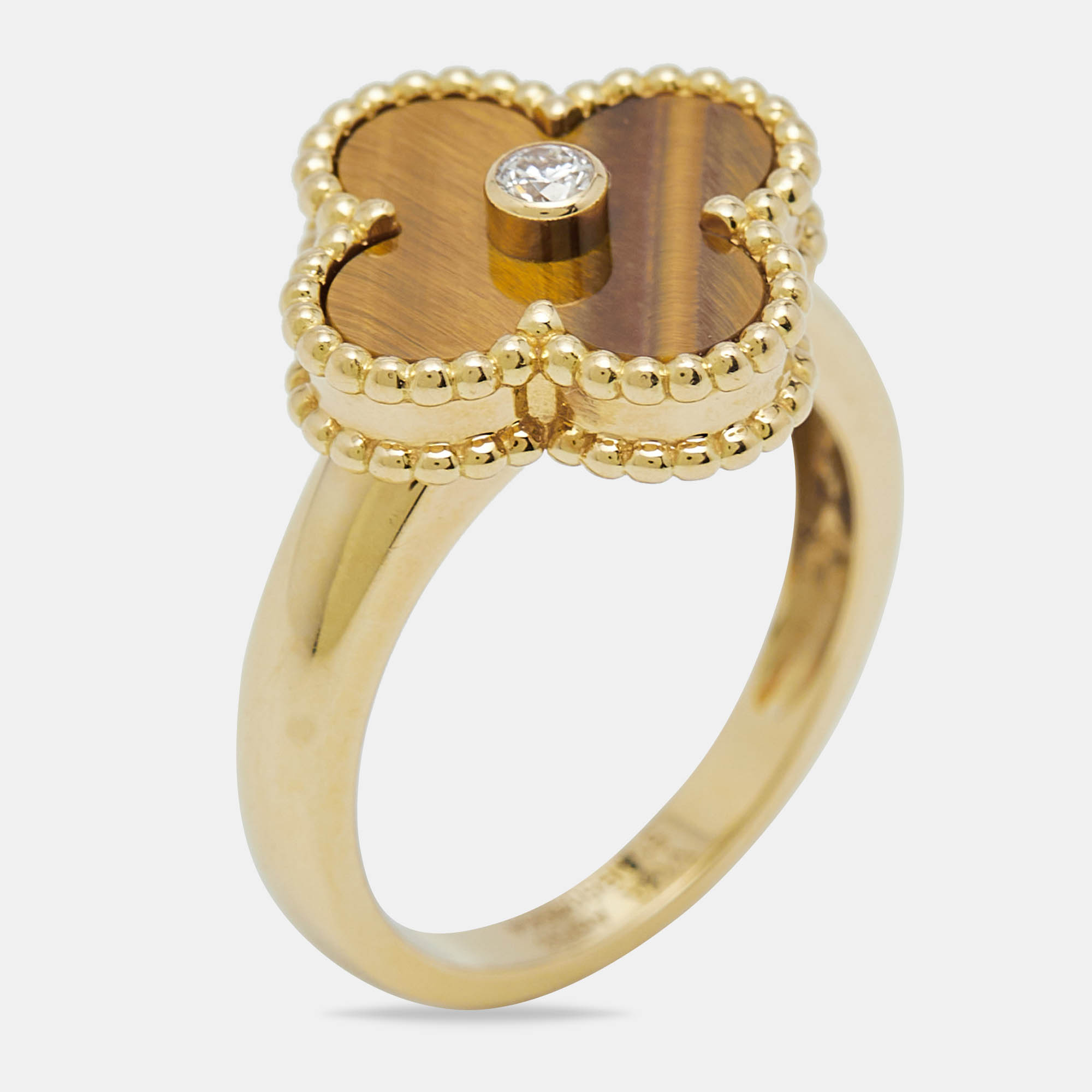 Pre Owned Van Cleef & Arpels Vintage Alhambra Tiger Eye Diamond 18k Yellow Gold Ring Size 51