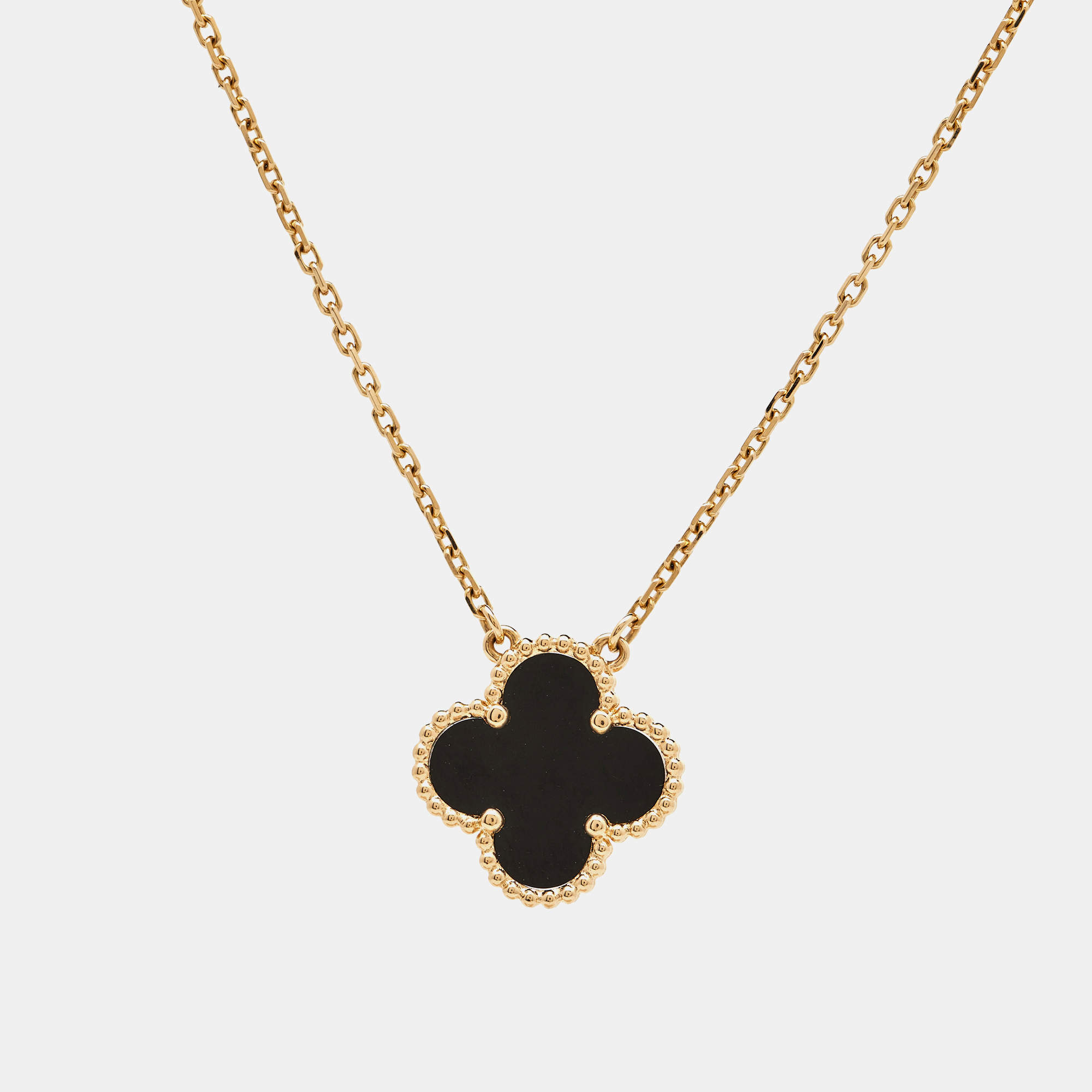 Pre Owned Van Cleef & Arpels Vintage Alhambra Onyx 18k Yellow Gold Pendant Necklace