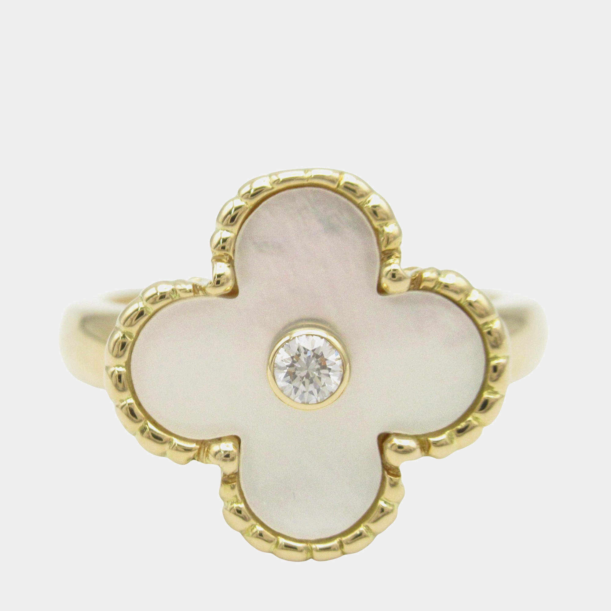 Pre Owned Van Cleef & Arpels Vintage Alhambra 18K Yellow Gold, Diamond, Mother of Pearl Ring EU 55