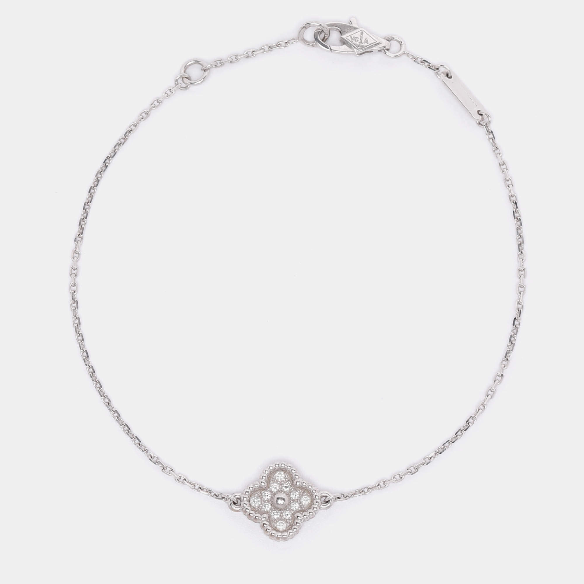Pre Owned Van Cleef & Arpels 18K White Gold Sweet Alhambra Diamond Single Motif Station Bracelet