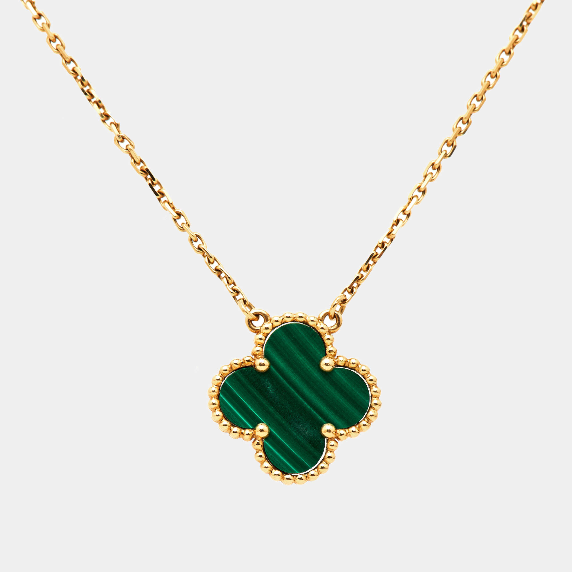 Pre Owned Van Cleef & Arpels Vintage Alhambra Malachite 18k Yellow Gold Necklace