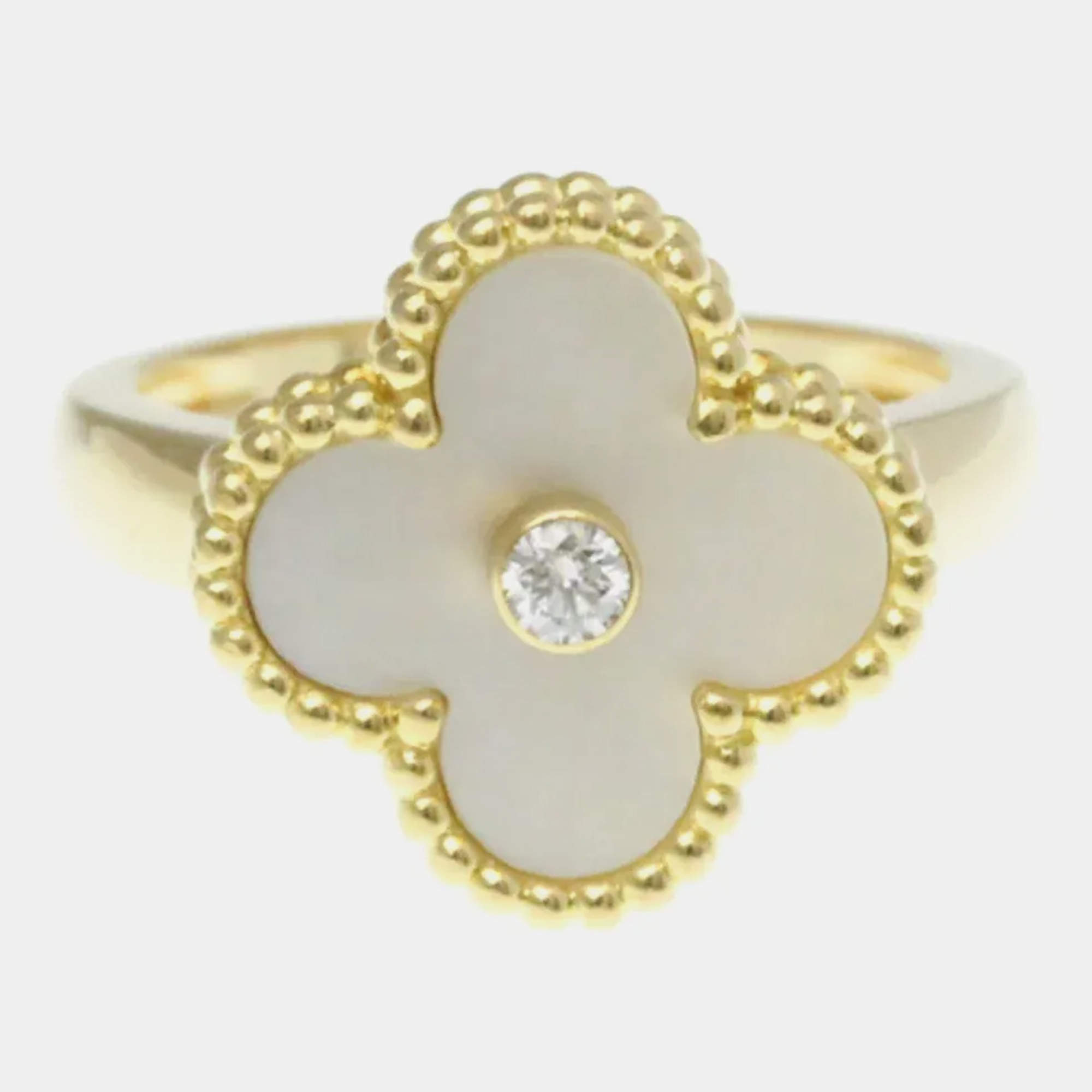 Pre Owned Van Cleef & Arpels Vintage Alhambra 18K Yellow Gold, Diamond, Mother of Pearl Ring EU 52