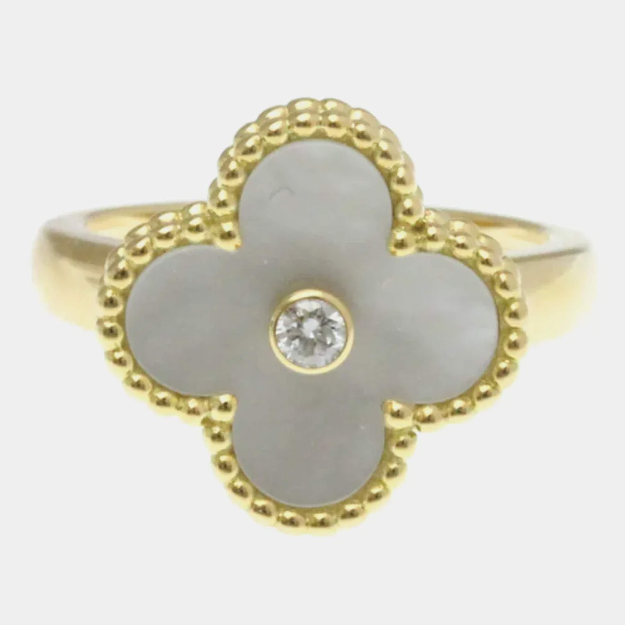 Pre Owned Van Cleef & Arpels Vintage Alhambra 18K Yellow Gold, Diamond, Mother of Pearl Ring EU 51