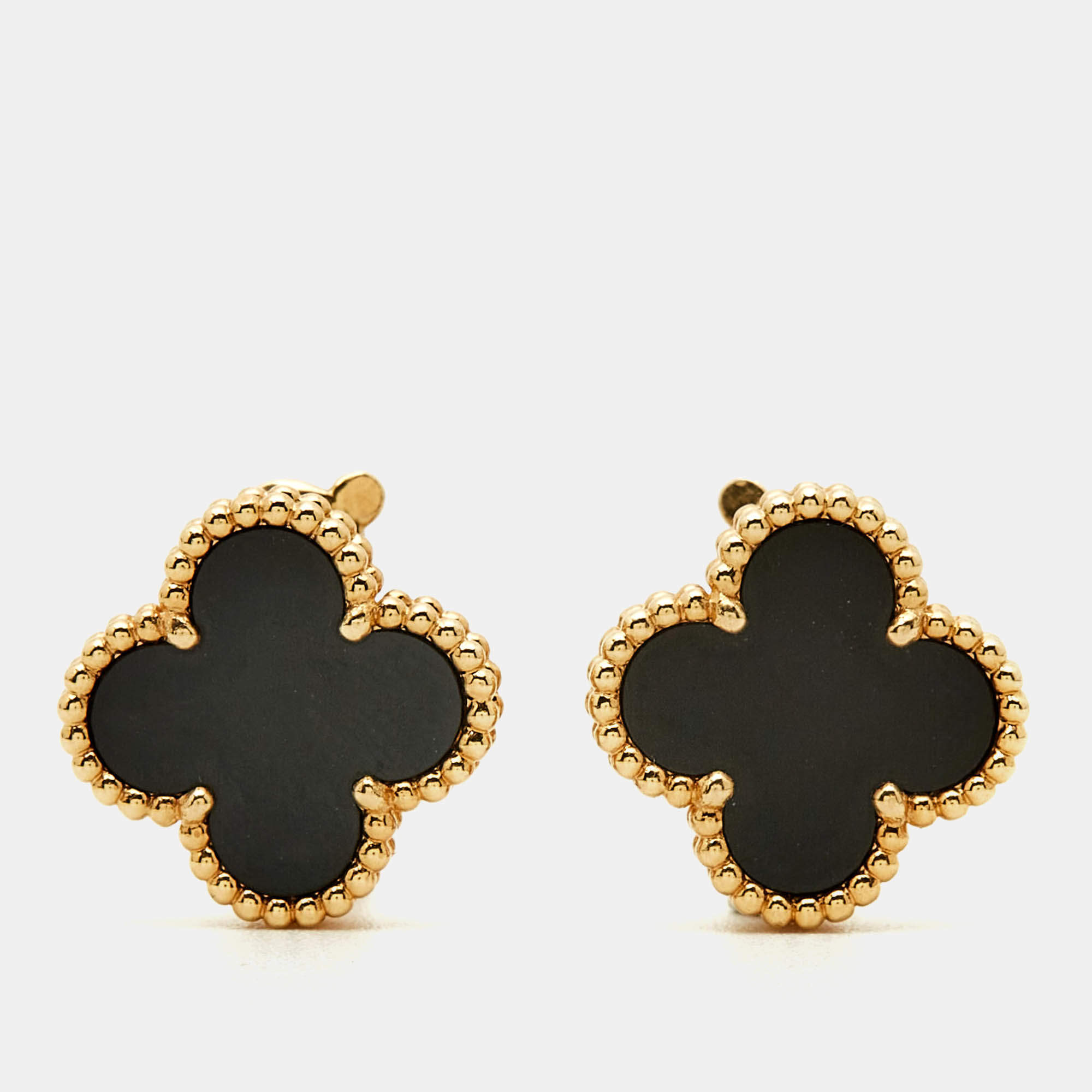 Pre Owned Van Cleef & Arpels Vintage Alhambra Onyx 18k Yellow Gold Earrings