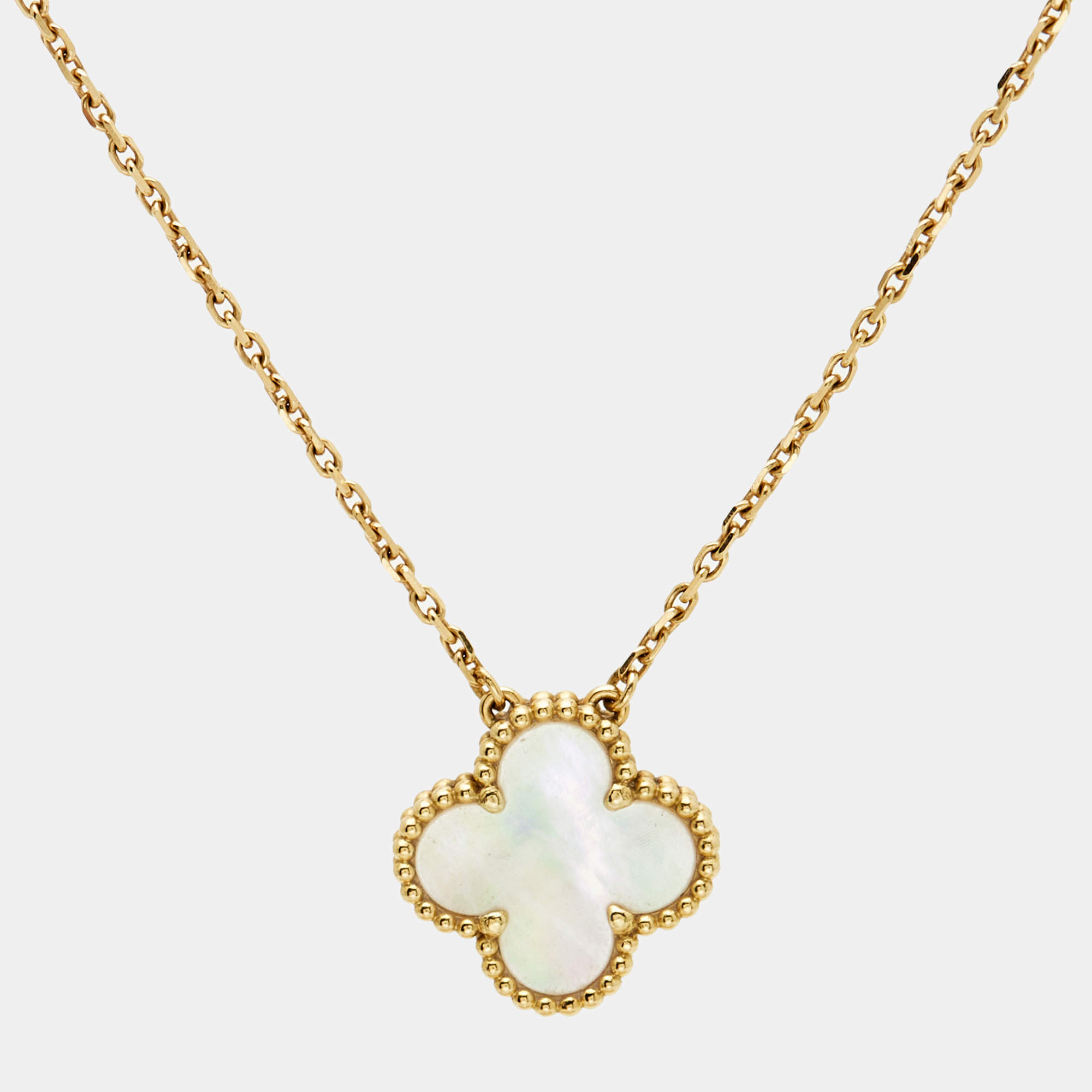 Pre Owned Van Cleef & Arpels Vintage Alhambra Mother of Pearl 18k Yellow Gold Necklace
