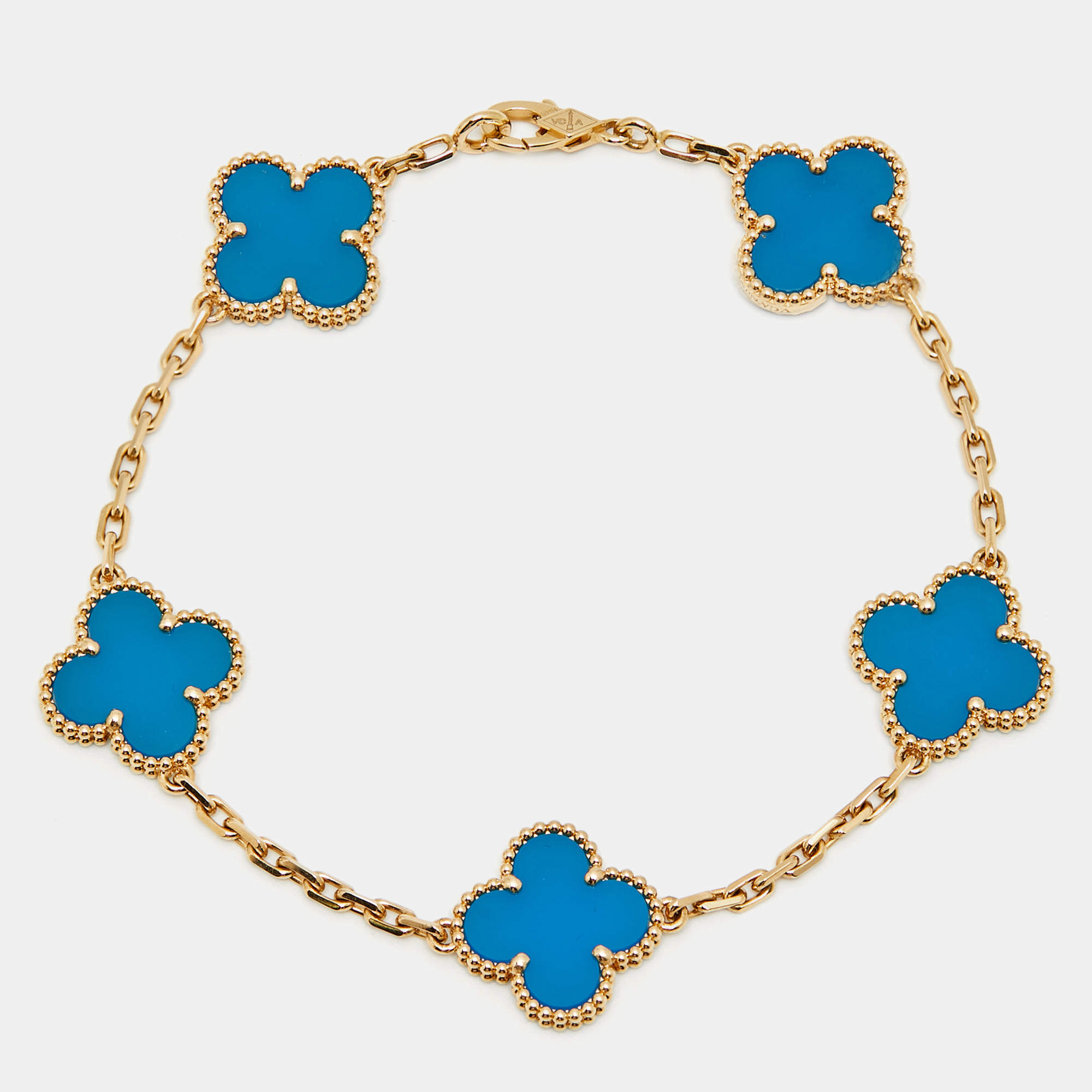 Pre Owned Van Cleef & Arpels Vintage Alhambra Agate 18k Yellow Gold 5 Motif Station Bracelet