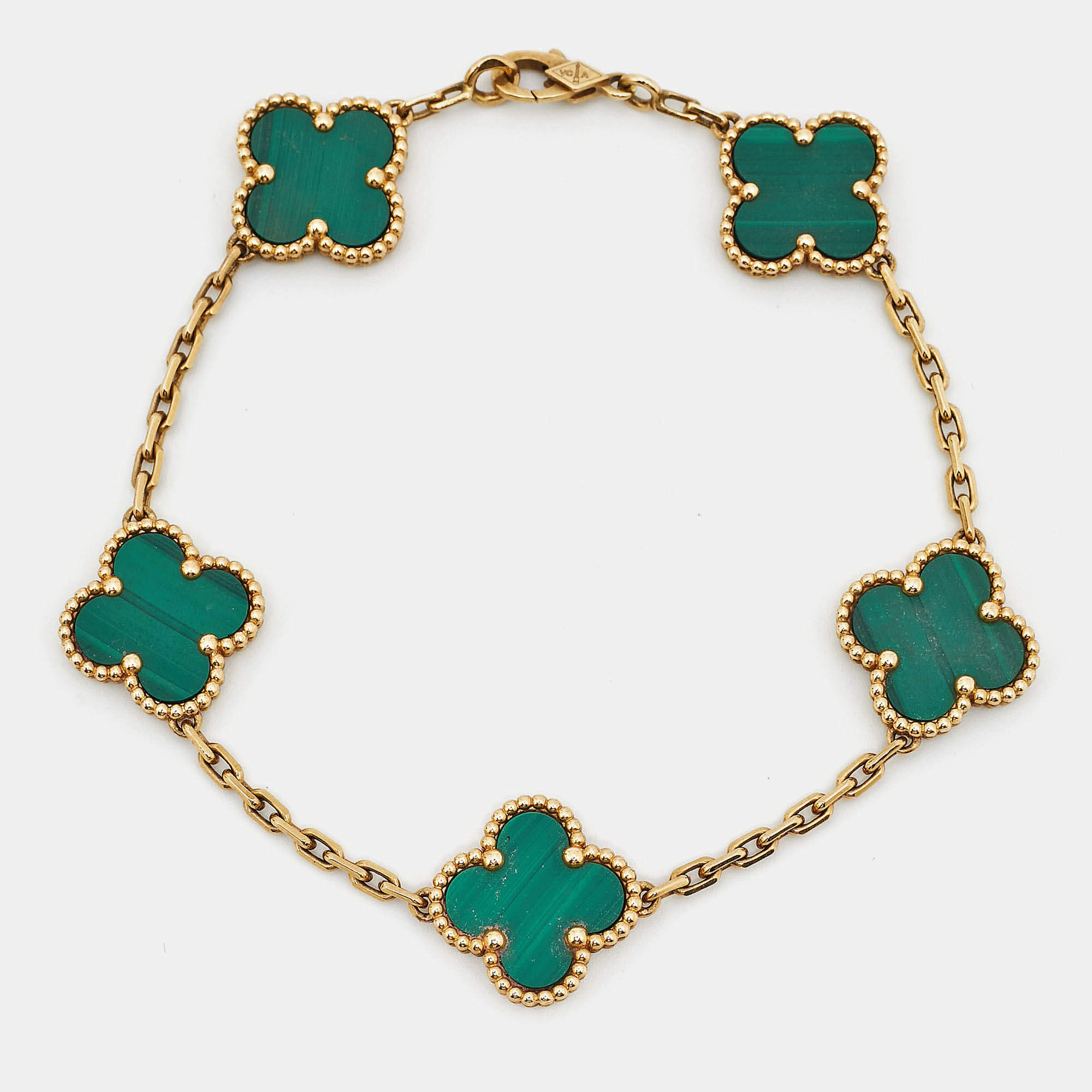 Pre Owned Van Cleef & Arpels Vintage Alhambra Malachite 18k Yellow Gold 5 Motif Station Bracelet