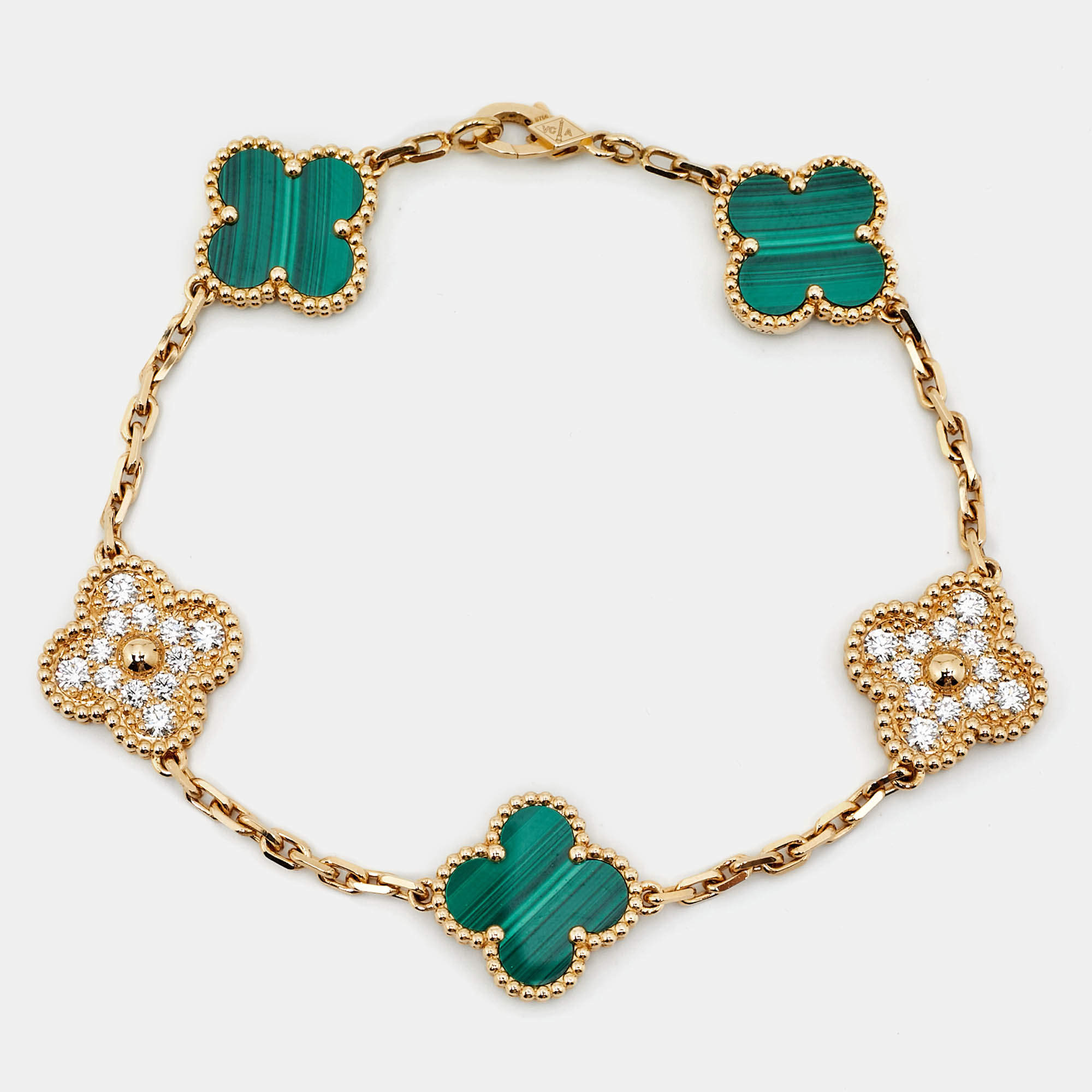 Pre Owned Van Cleef & Arpels Vintage Alhambra Malachite Diamond 18k Yellow Gold 5 Motif Station Bracelet