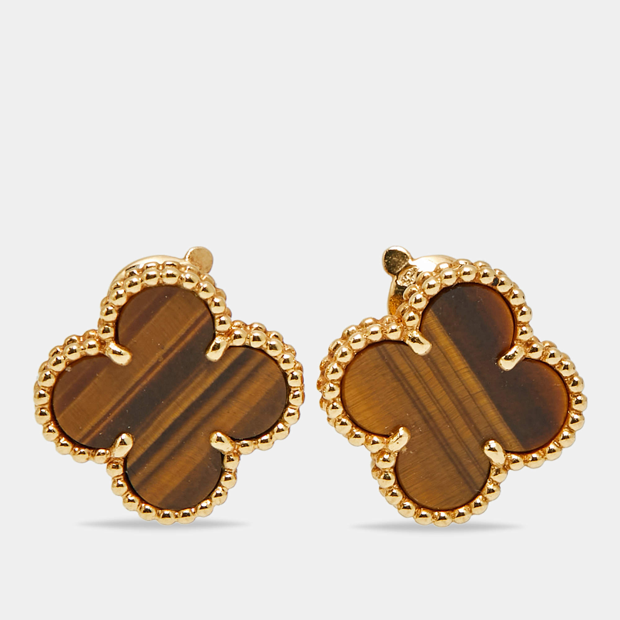 Pre Owned Van Cleef & Arpels Alhambra Tiger's Eye 18k Yellow Gold Earrings