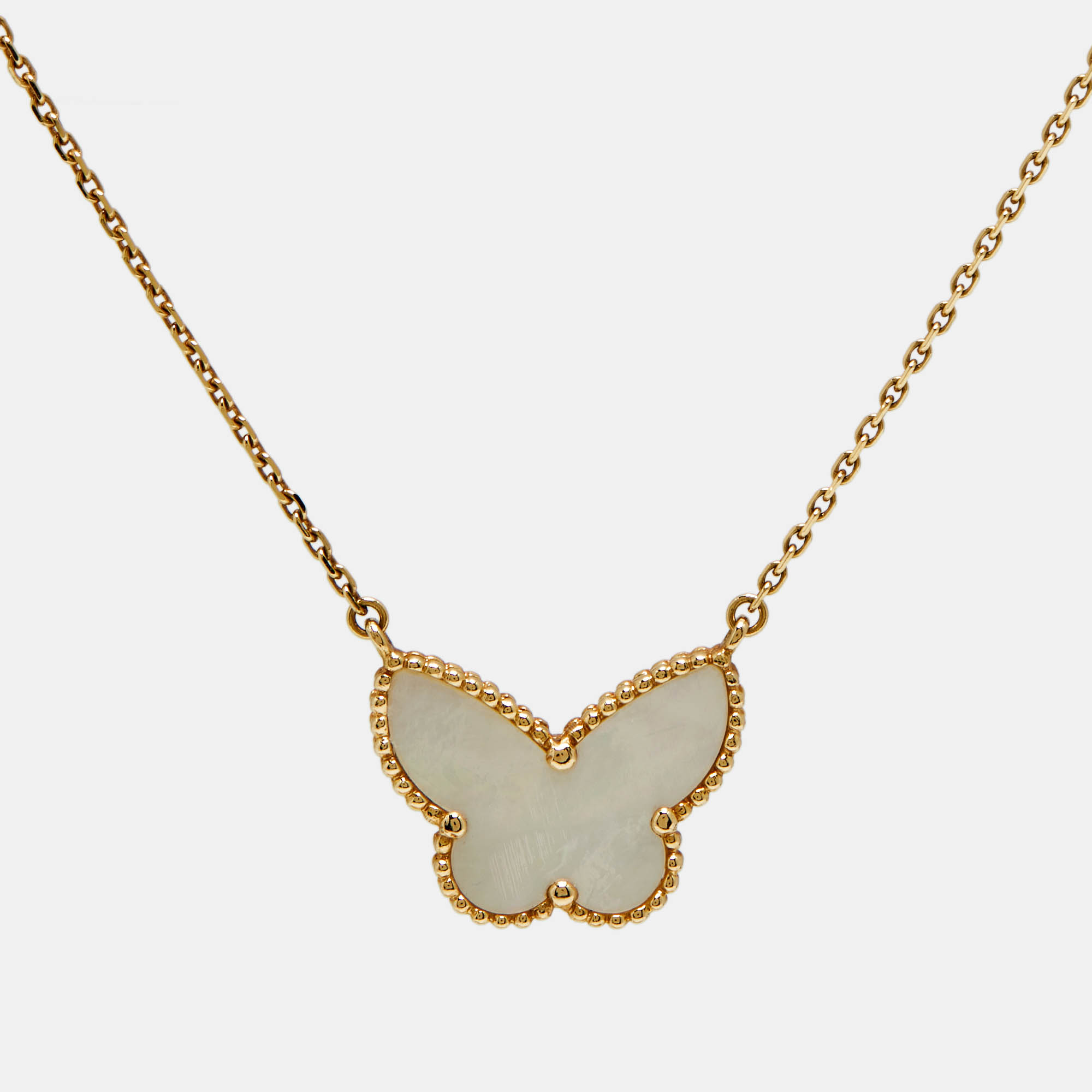 Pre Owned Van Cleef & Arpels Lucky Alhambra Butterfly Mother of Pearl 18k Yellow Gold Necklace