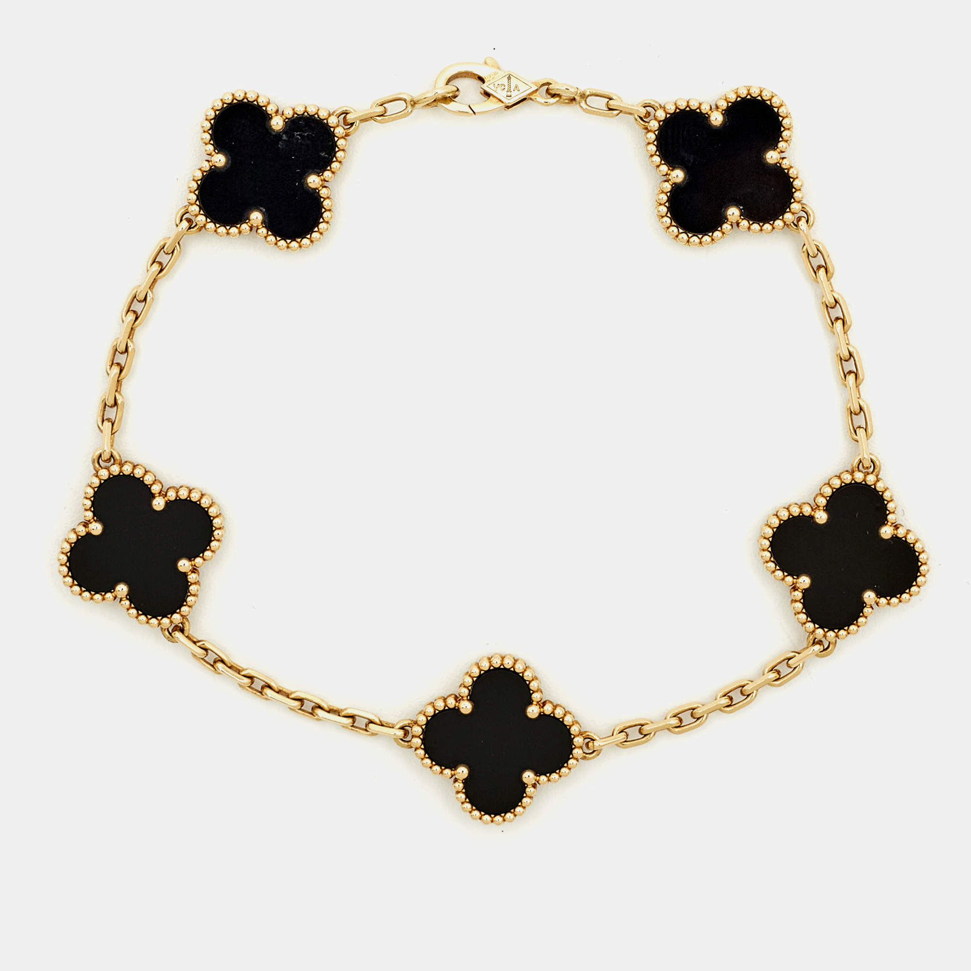 مملوكة مسبقًا Van Cleef & Arpels Vintage Alhambra Onyx 18k Yellow Gold 5 Motif Station Bracelet